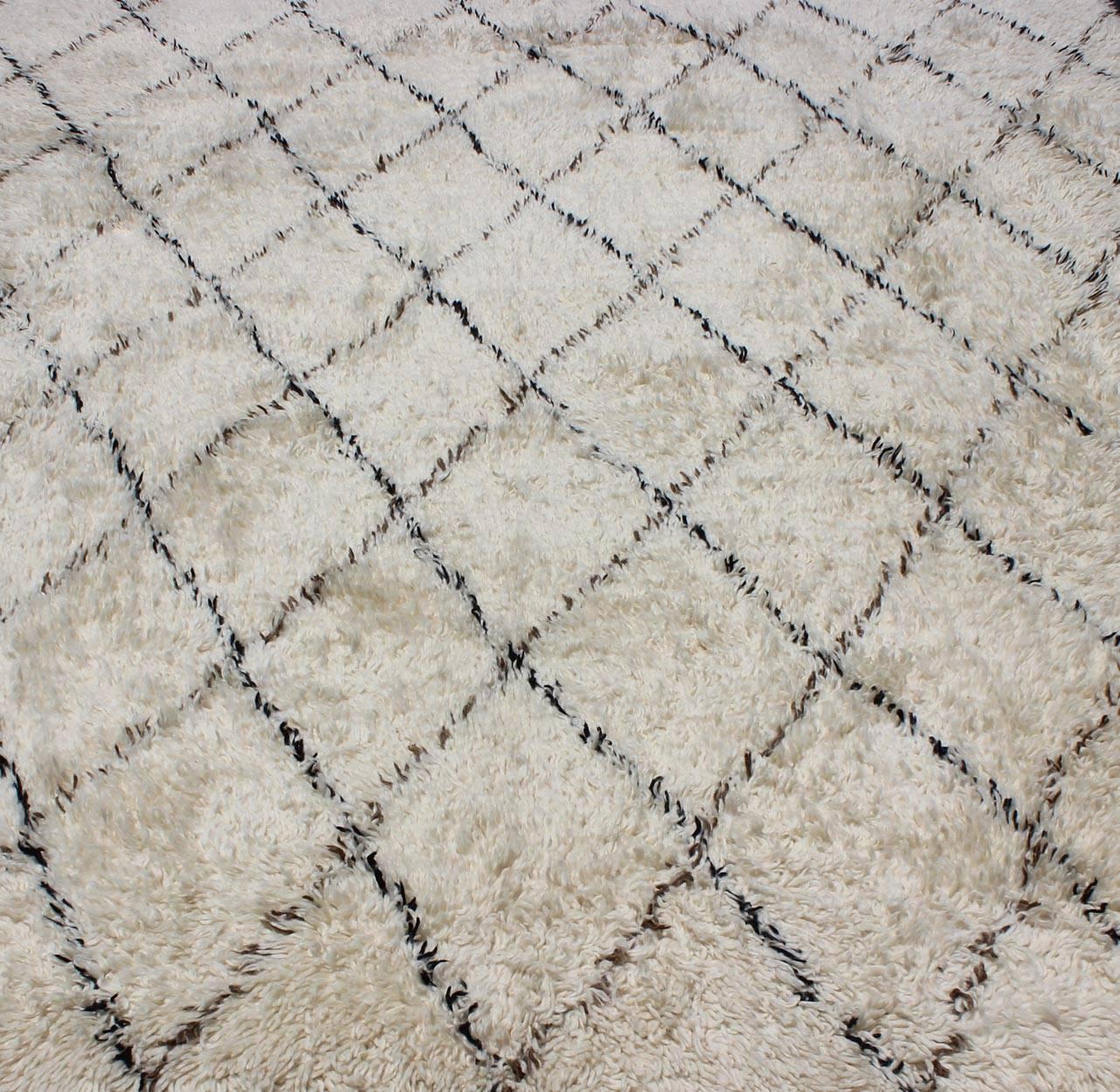 Wool Large Vintage Moroccan Rug in Off White Background, Black & D. Brown lines For Sale