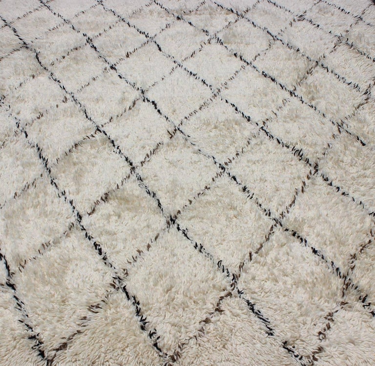 Large Vintage Moroccan Rug in Off White Background, Black and Brown