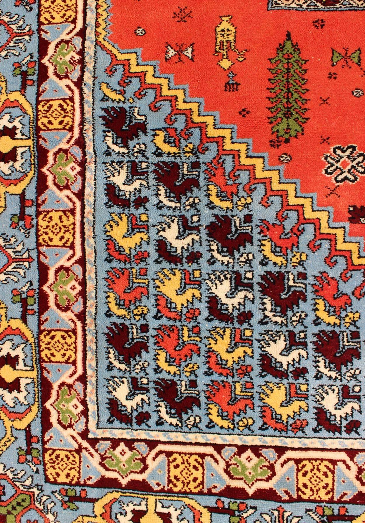 Wool Large Colorful Vintage Moroccan Rug in Medallion Design and Tribal Elements