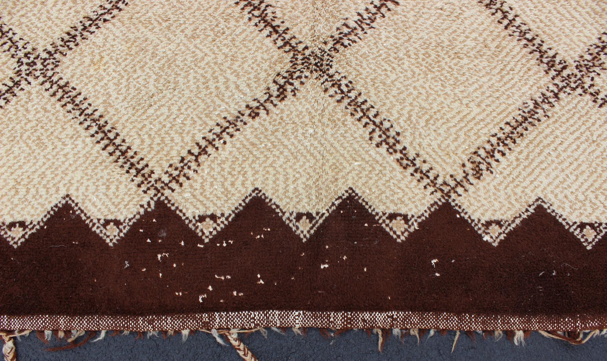 Wool Very Large Vintage Moroccan Rug with Diamond Design in Ivory and Brown