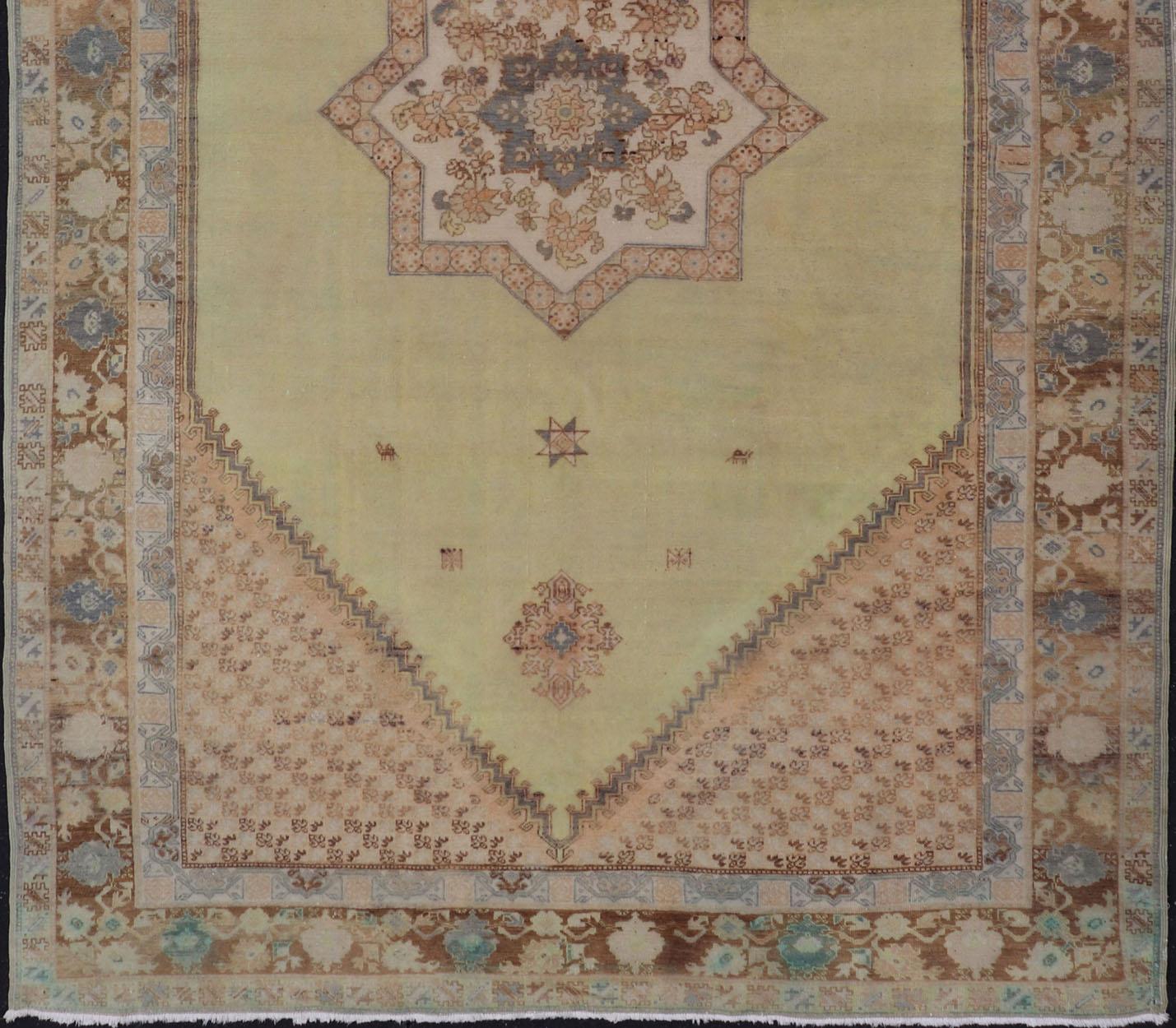 Large Vintage Moroccan Rug with Star Medallion in Light Green, Brown For Sale 3