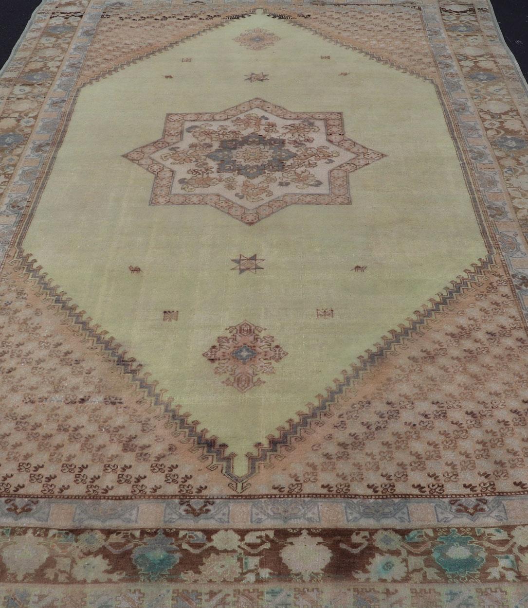 Large Vintage Moroccan Rug with Star Medallion in Light Green, Brown For Sale 4