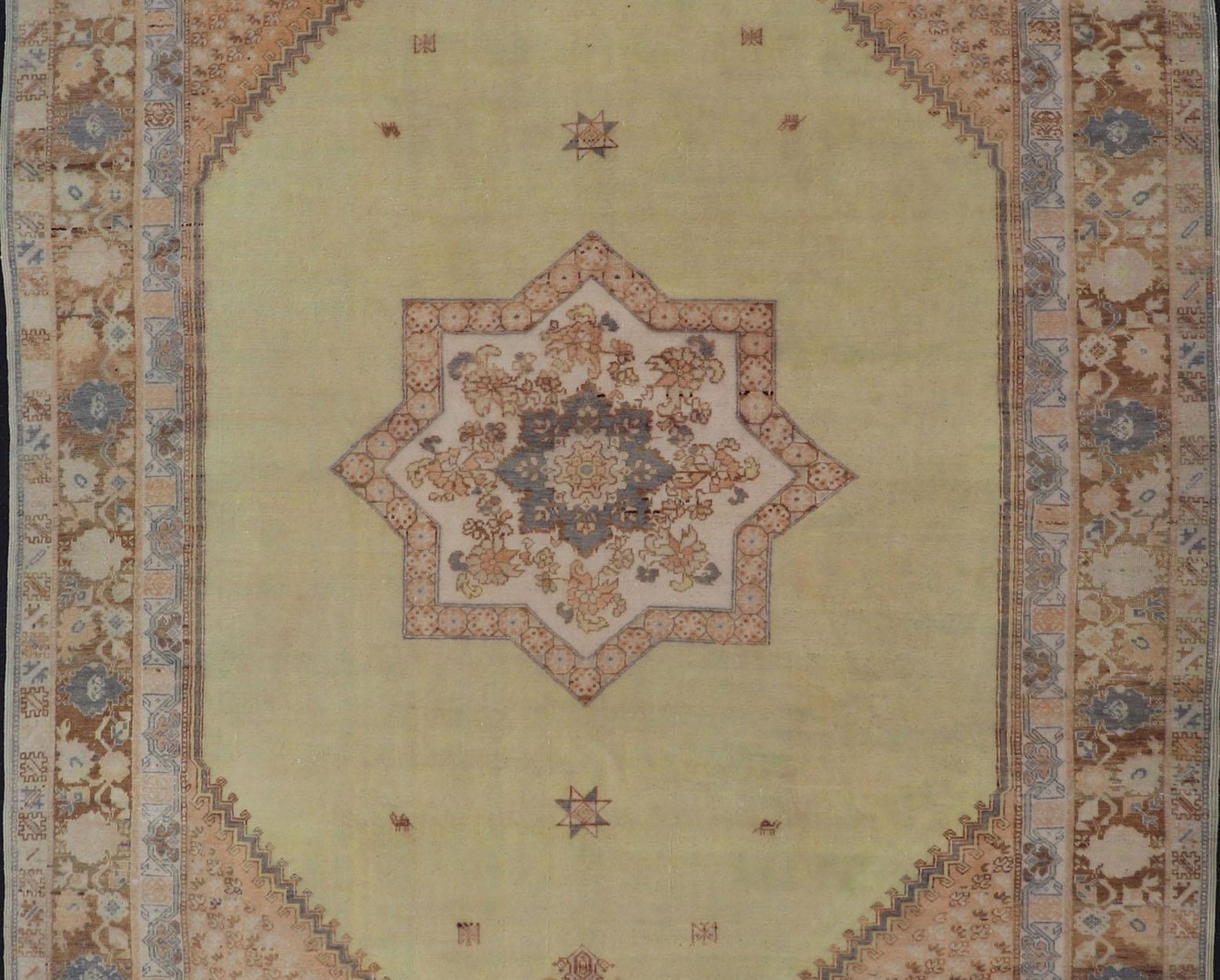 Large Vintage Moroccan Rug with Star Medallion in Light Green, Brown For Sale 2