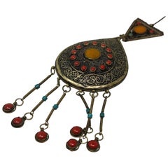 Fibula d'argento tribale marocchina etnica di grandi dimensioni vintage
