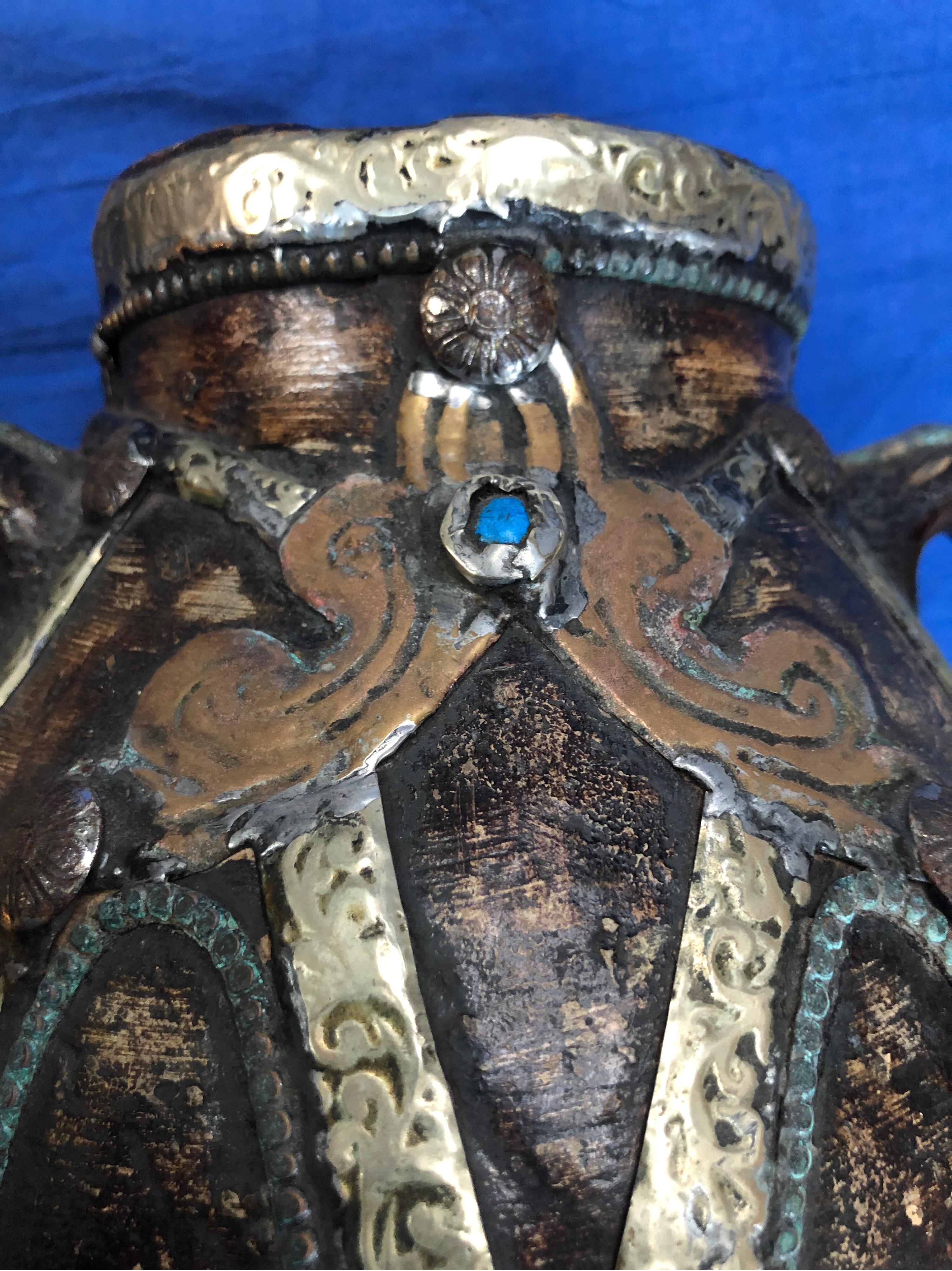 Early 20th Century Moroccan Two-Handled Jug - Handmade Silver, Copper Repousse In Good Condition In Vineyard Haven, MA