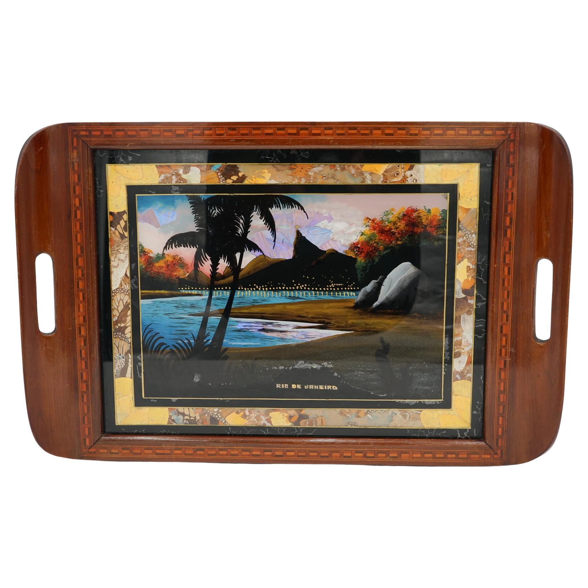 GRAND PLATEAU DE SERVICE AILES DE PAPILLONS MORPHOS D'ANCIENNE VINTAGE AVEC CHAINE POUR ACCROCHER AU MUR