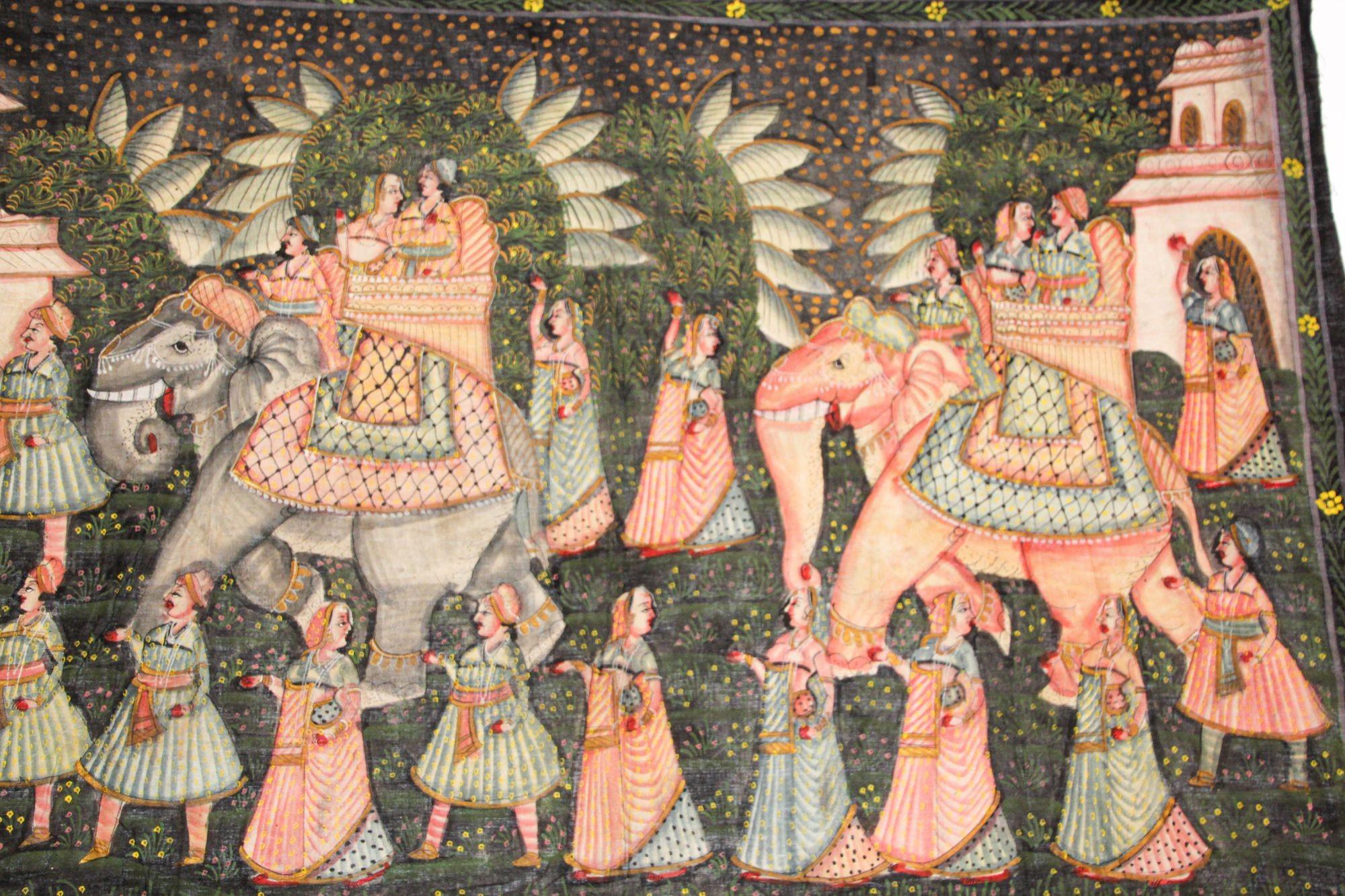 20th Century Large Vintage Mughal Raj Silk Painting of a Maharaja Royal Procession For Sale