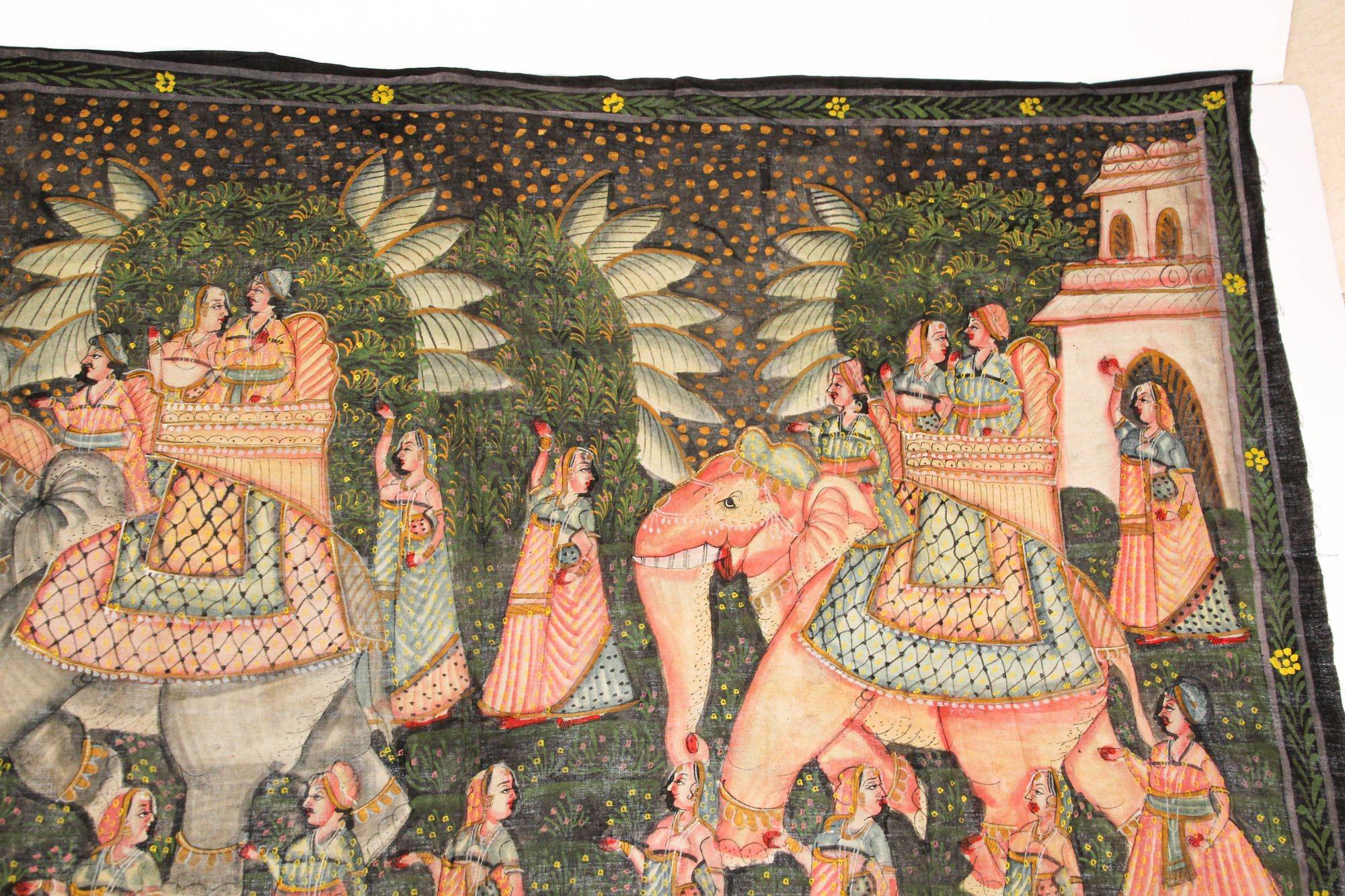 Textile Large Vintage Mughal Raj Silk Painting of a Maharaja Royal Procession For Sale