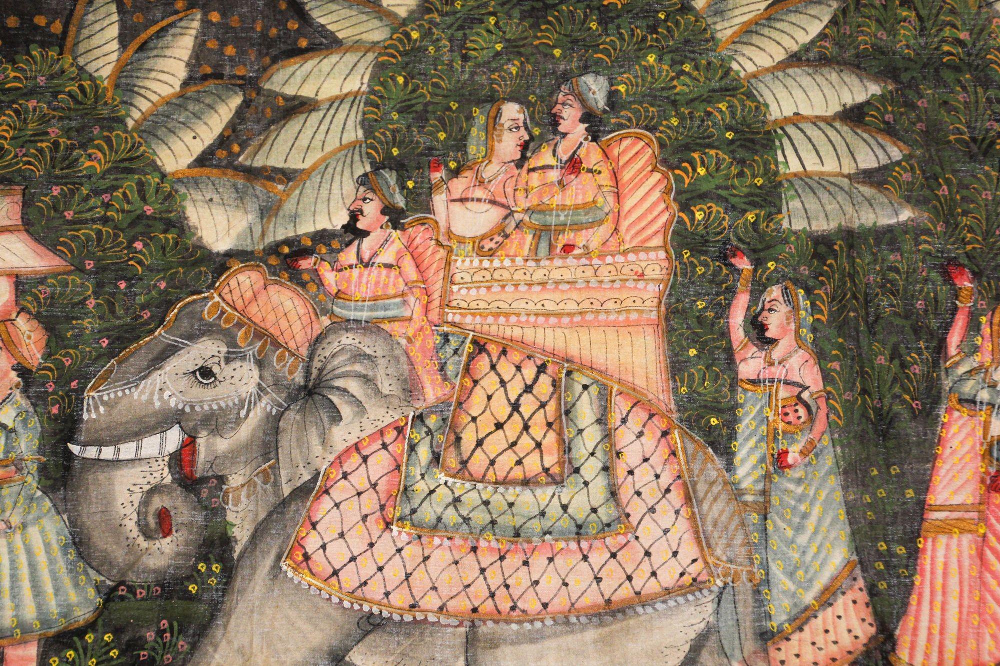 Large Vintage Mughal Raj Silk Painting of a Maharaja Royal Procession For Sale 1