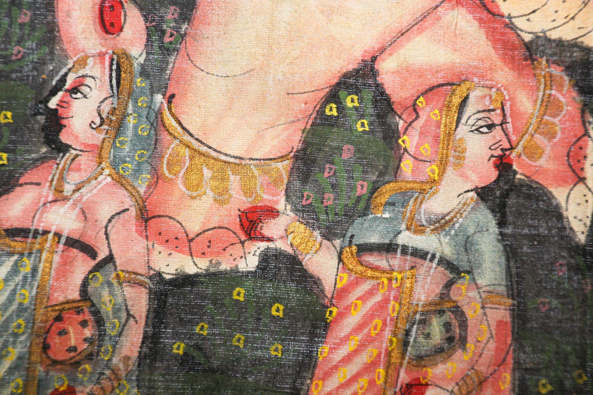 Large Vintage Mughal Raj Silk Painting of a Maharaja Royal Procession For Sale 4
