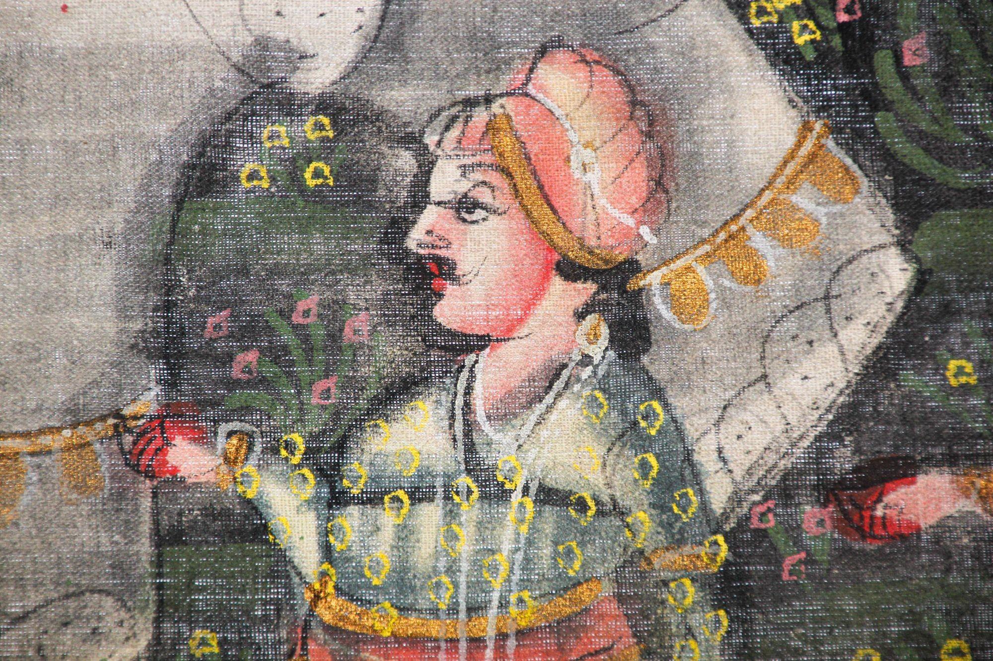 Large Vintage Mughal Raj Silk Painting of a Maharaja Royal Procession For Sale 5