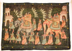 Large Vintage Mughal Raj Silk Painting of a Maharaja Royal Procession