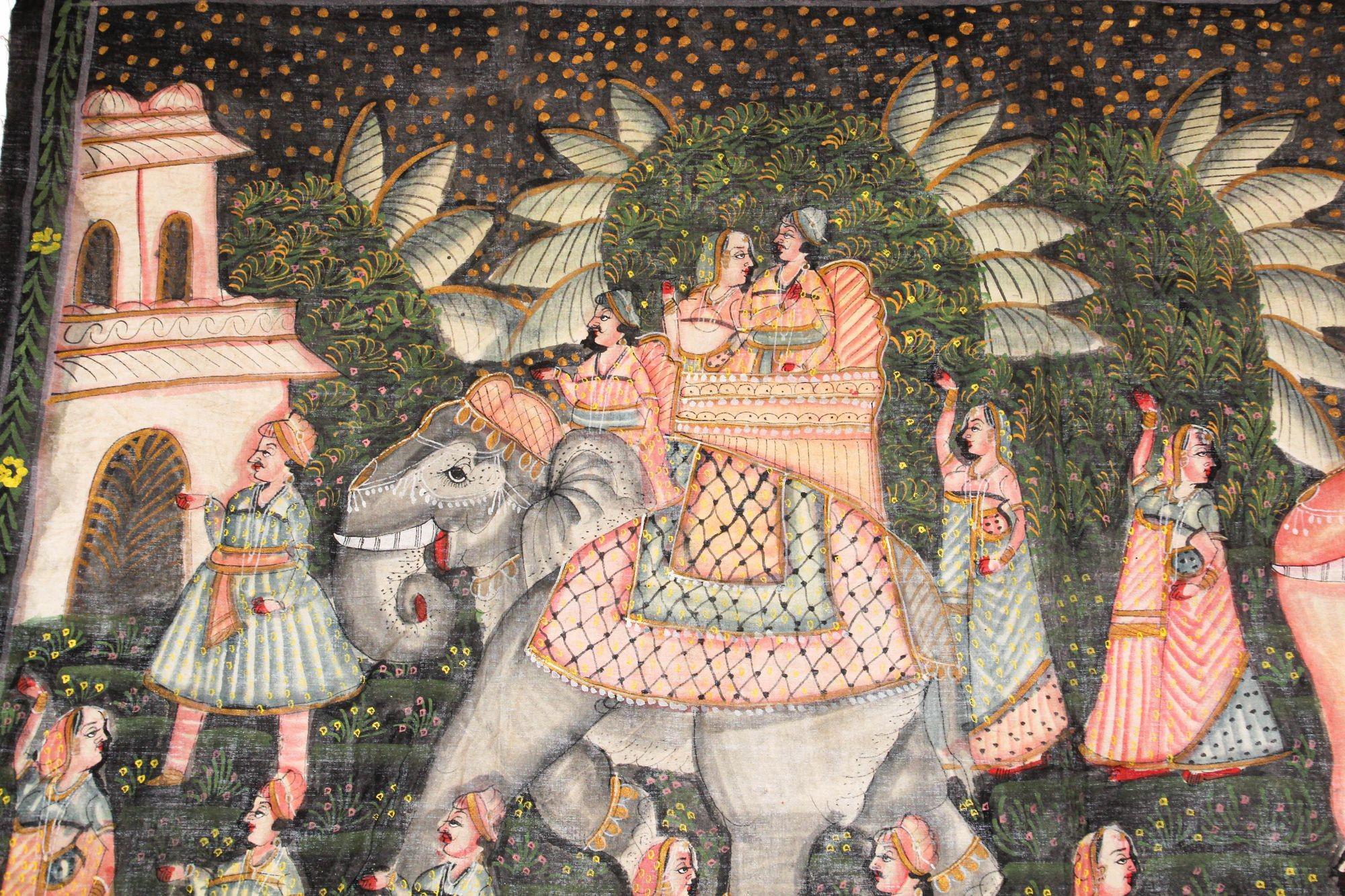 Großes Vintage Mughal Raj-Seidengemälde einer königlichen Prozession aus Maharaja (Anglo Raj) im Angebot