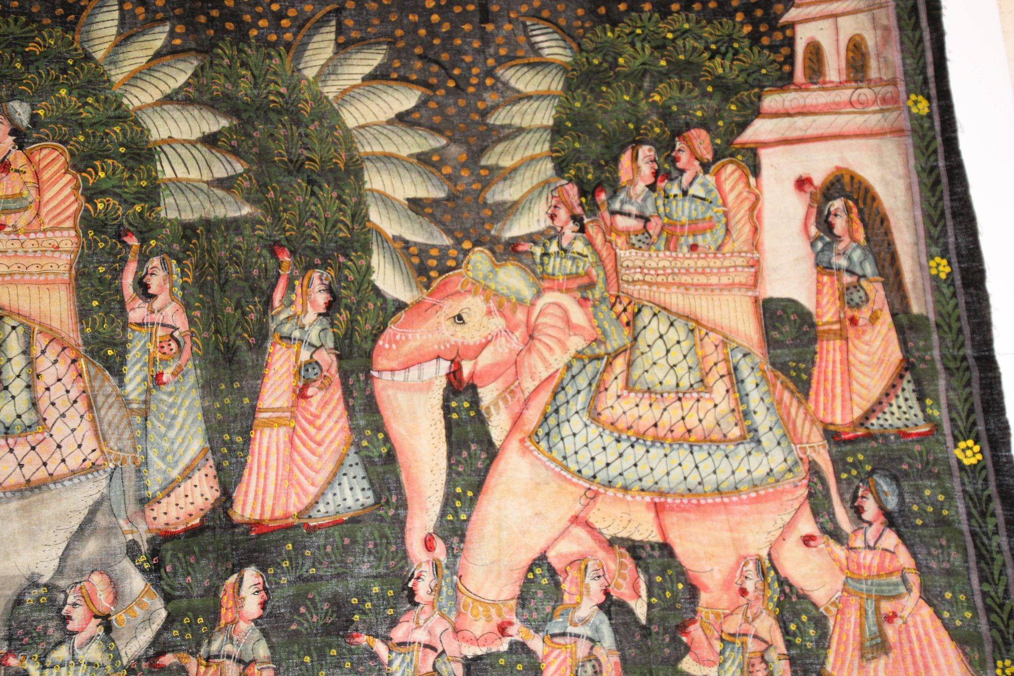 Indien Grande peinture moghol Raj en soie d'une procession royale Maharaja en vente