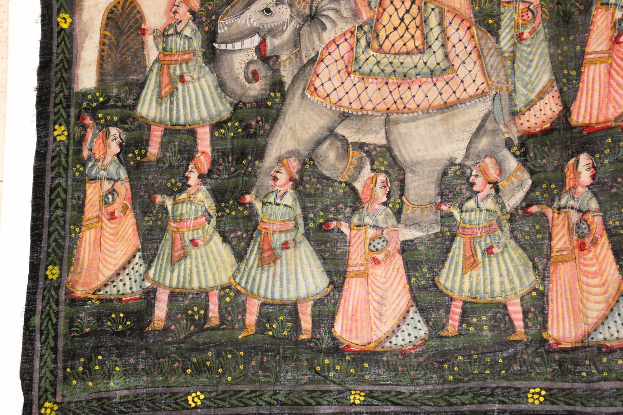 Peint à la main Grande peinture moghol Raj en soie d'une procession royale Maharaja en vente