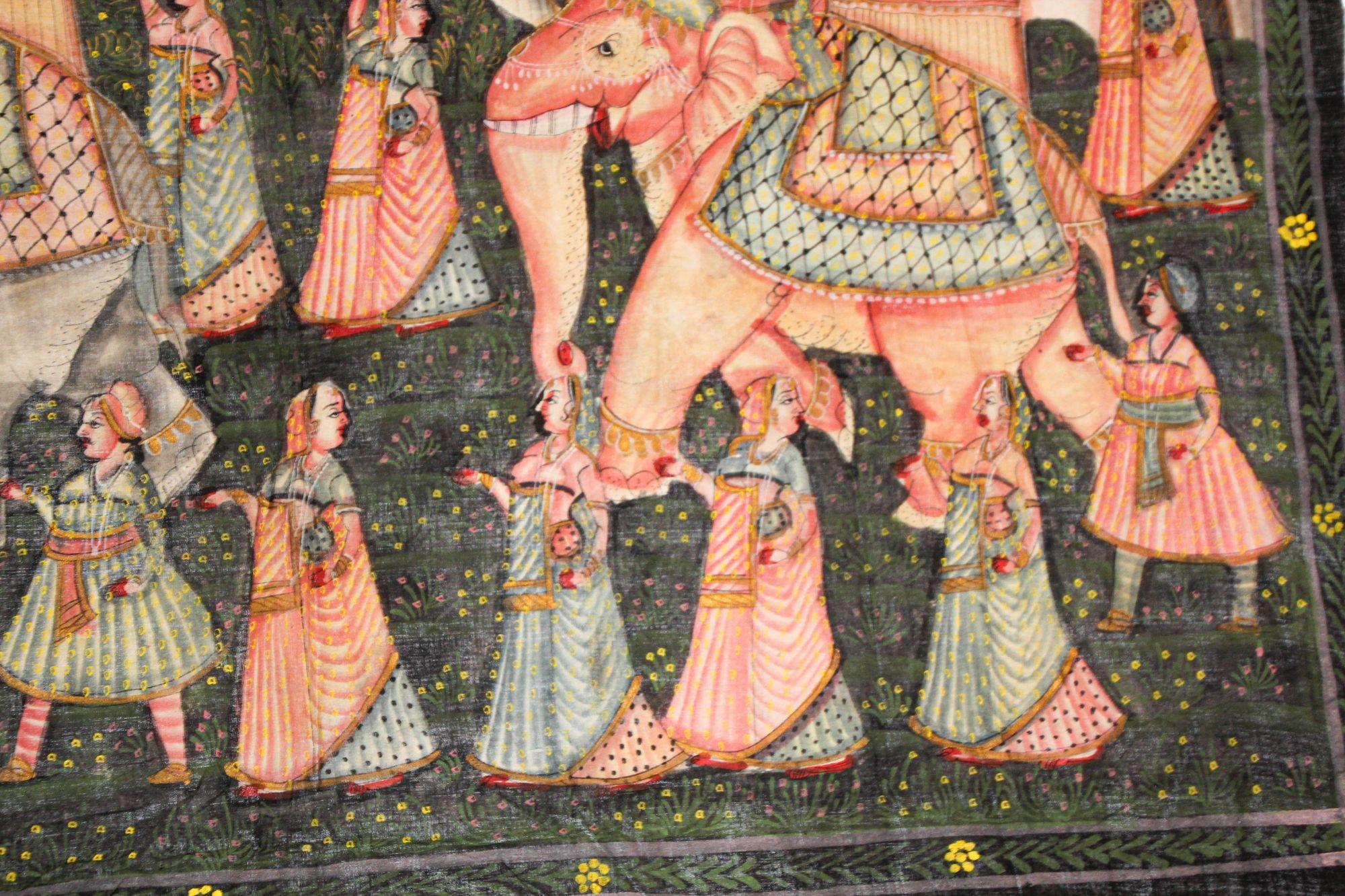Anglo Raj Large Vintage Mughal Raj Silk Painting of a Maharaja Royal Procession For Sale