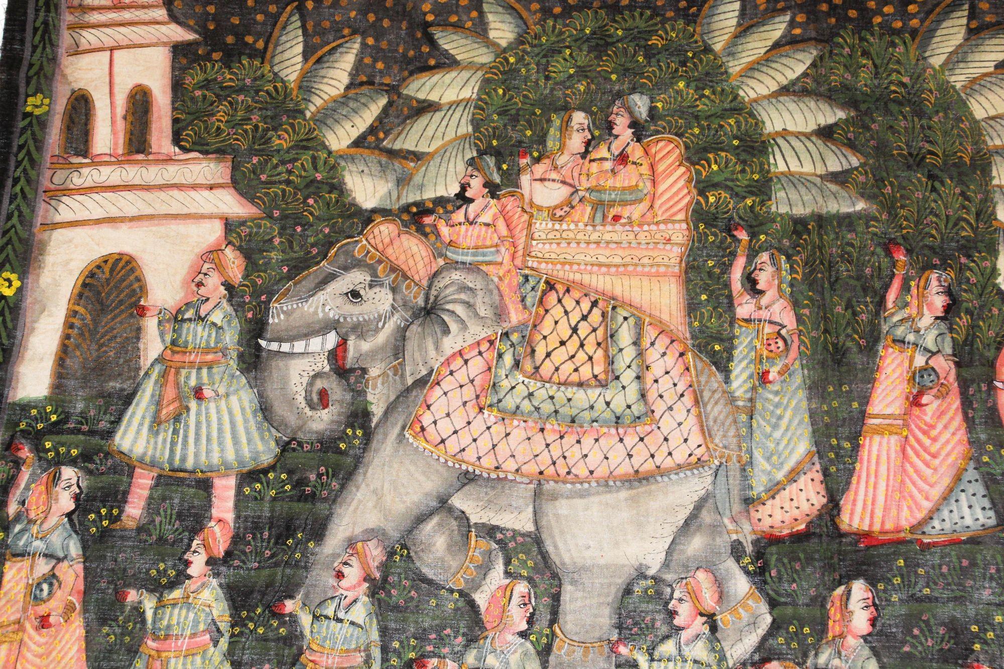 20ième siècle Grande peinture moghol Raj en soie d'une procession royale Maharaja en vente