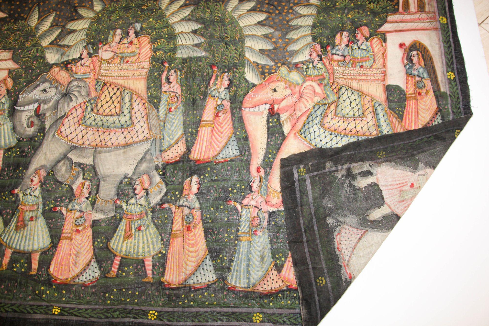 Hand-Painted Large Vintage Mughal Raj Silk Painting of a Maharaja Royal Procession For Sale