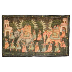 Large Vintage Mughal Raj Silk Painting of a Maharaja Royal Procession