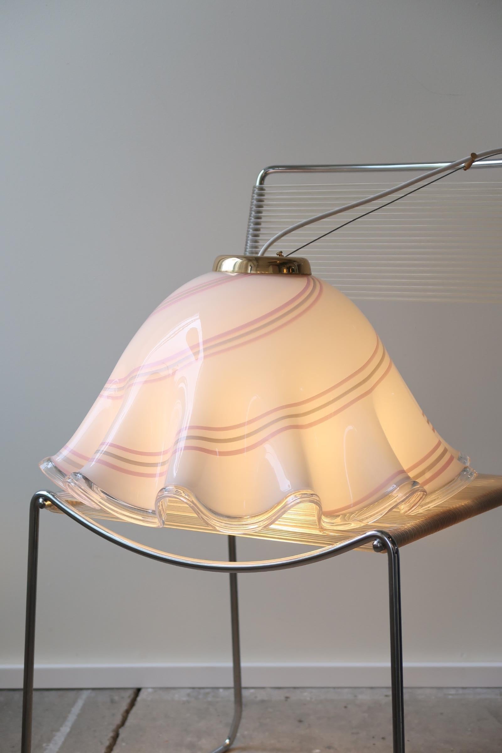 Large Vintage Murano 1970 Fazzoletto White Pink Swirl Glass Pendant Ceiling Lamp In Good Condition In Copenhagen, DK