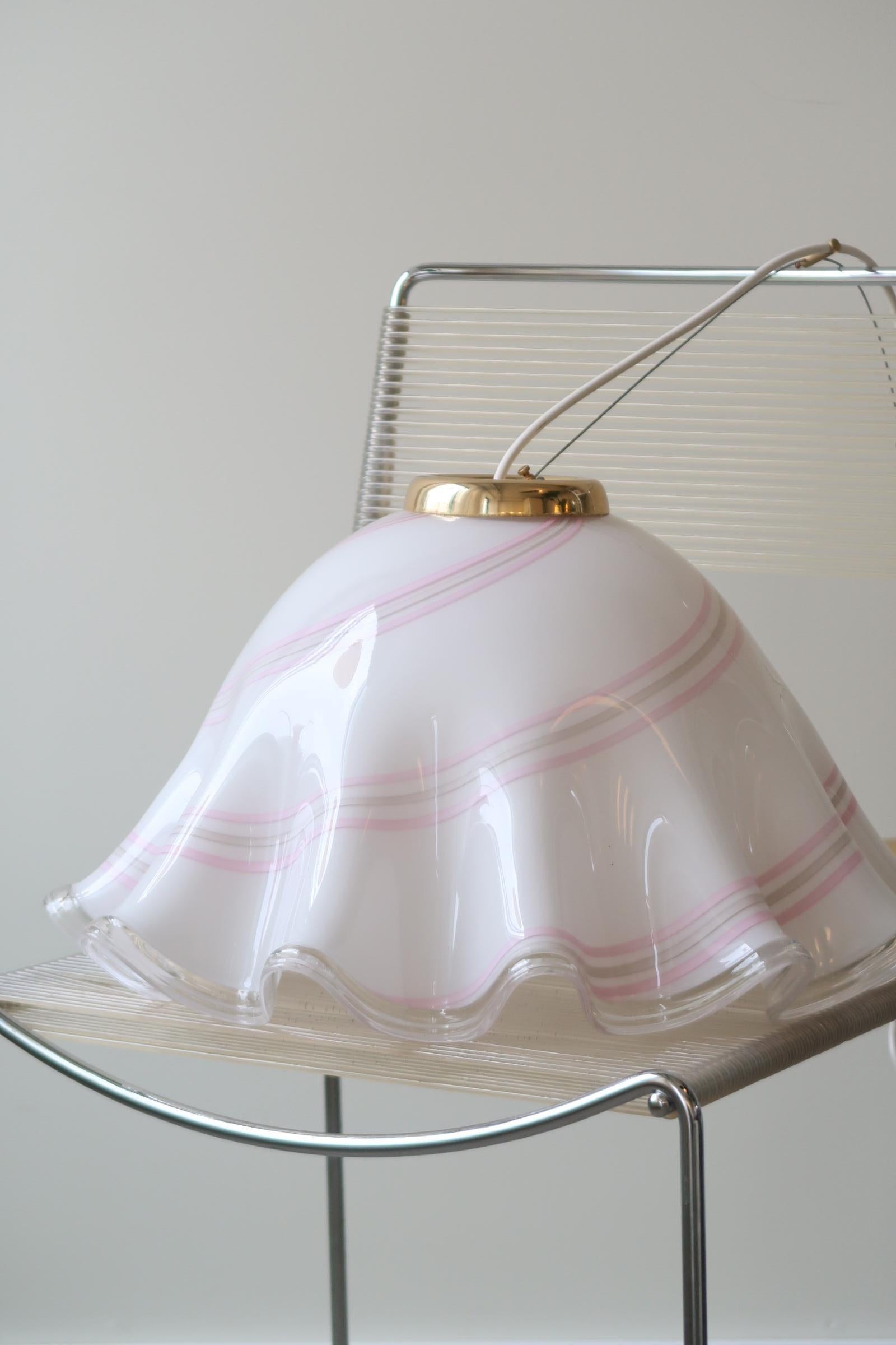Large Vintage Murano 1970 Fazzoletto White Pink Swirl Glass Pendant Ceiling Lamp 2