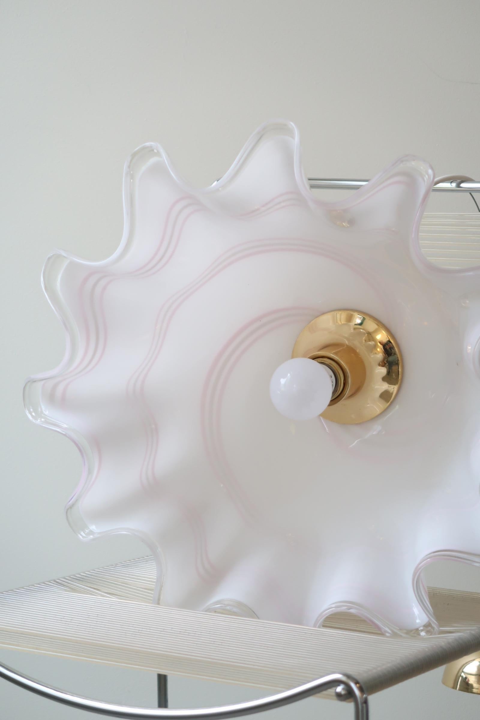 Large Vintage Murano 1970 Fazzoletto White Pink Swirl Glass Pendant Ceiling Lamp 4