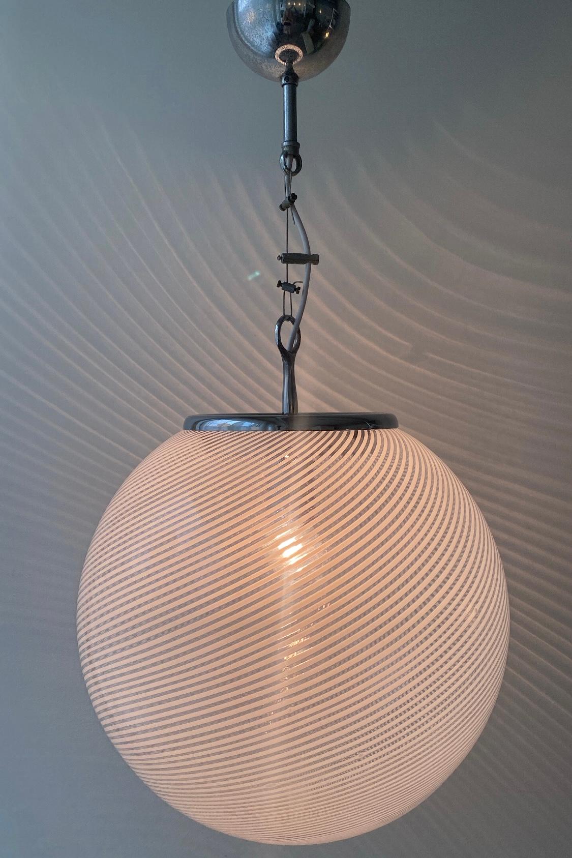 Large Vintage Murano 1970s Filigrana White Swirl Glass Pendant Ceiling Lamp 1