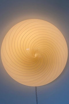 Large Vintage Murano 70s Flush Mount Wall Ceiling Lamp Creme White Swirl Glass