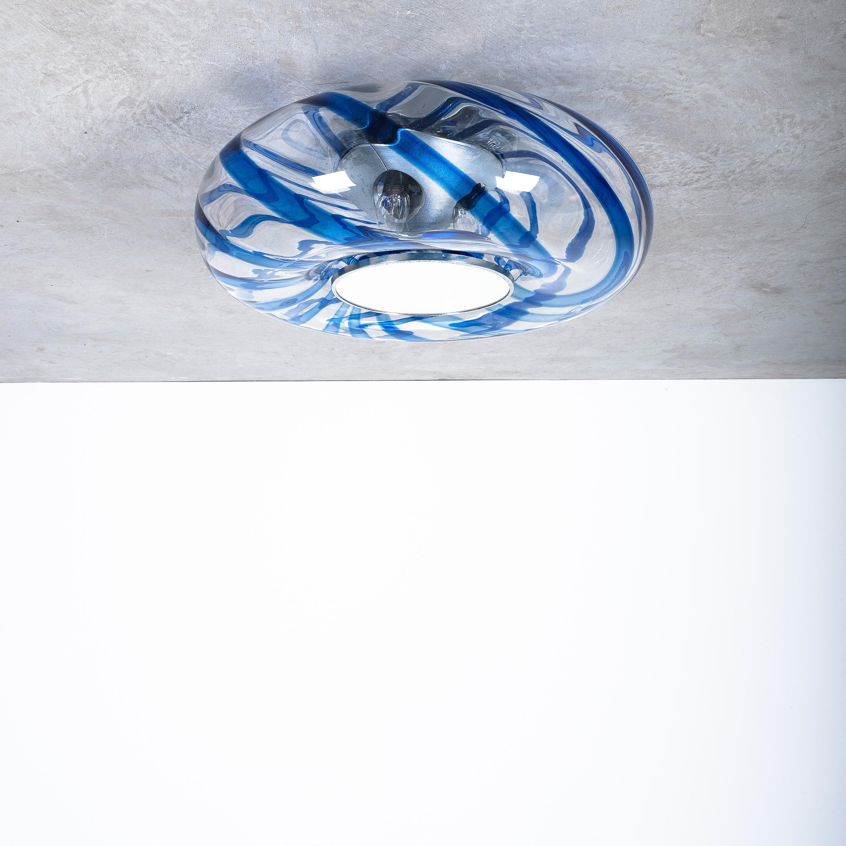 Mid-Century Modern Large Vintage Murano Blue Swirl Glass Ceiling Lamp, Italy, 1970
