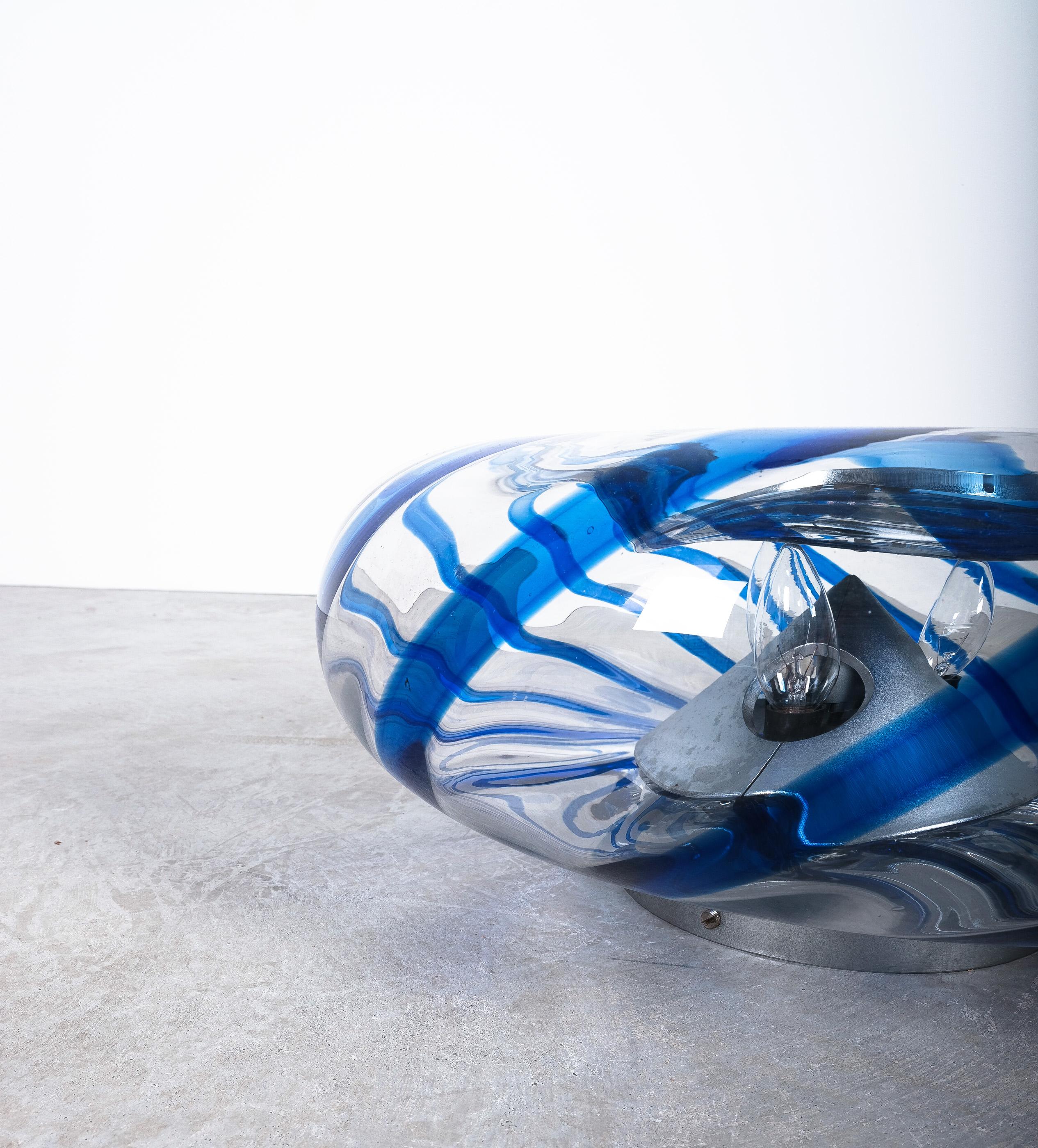 Blown Glass Large Vintage Murano Blue Swirl Glass Ceiling Lamp, Italy, 1970
