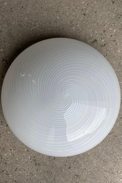 Large Vintage Murano Flush Mount Ceiling Lamp White Swirl Glass, Italy 1970s