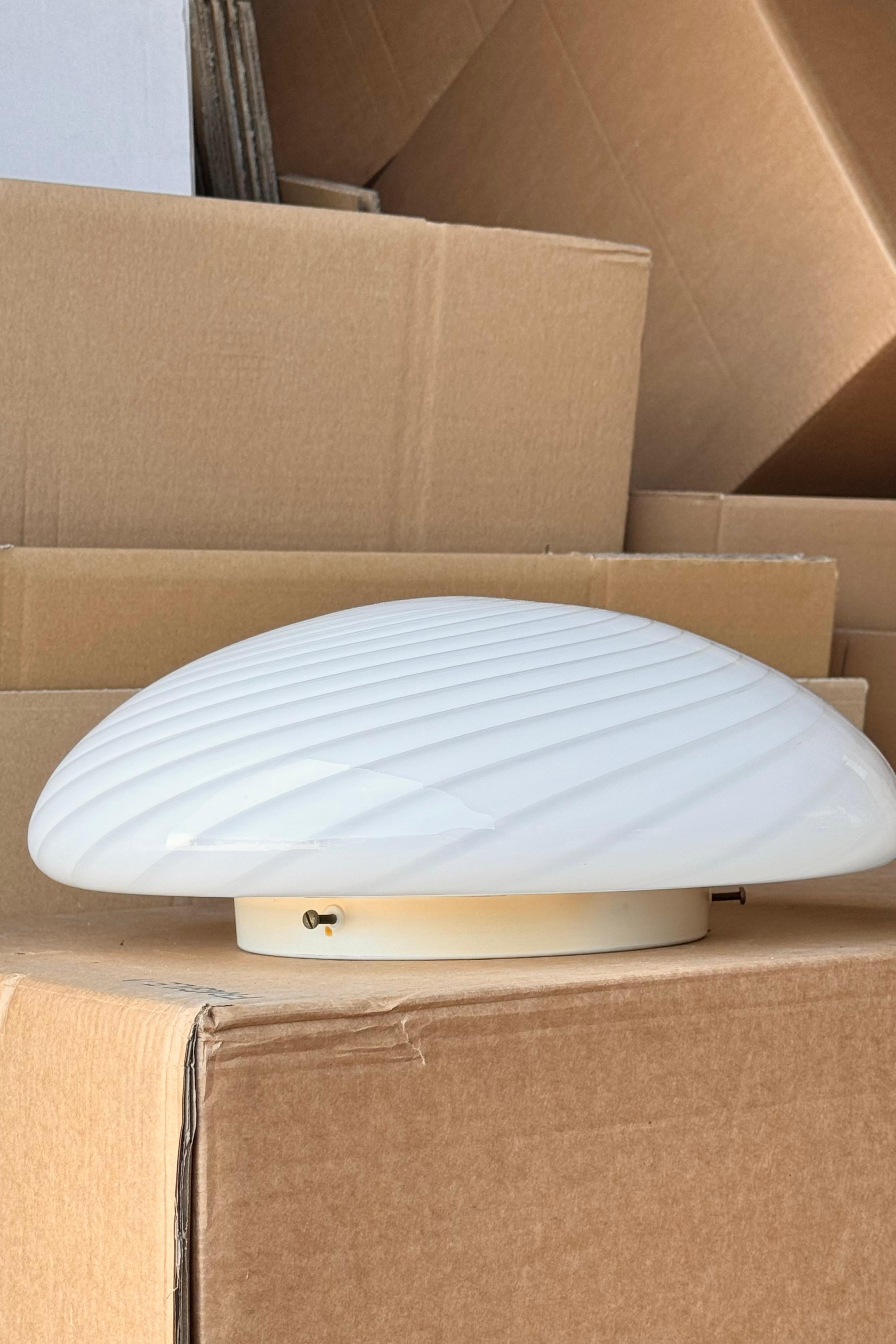 Vintage Murano plafond ceiling lamp / wall lamp. Mouth-blown white opaline glass with swirl and white base. 2xE27 socket. Handmade in Italy, 1970s.

