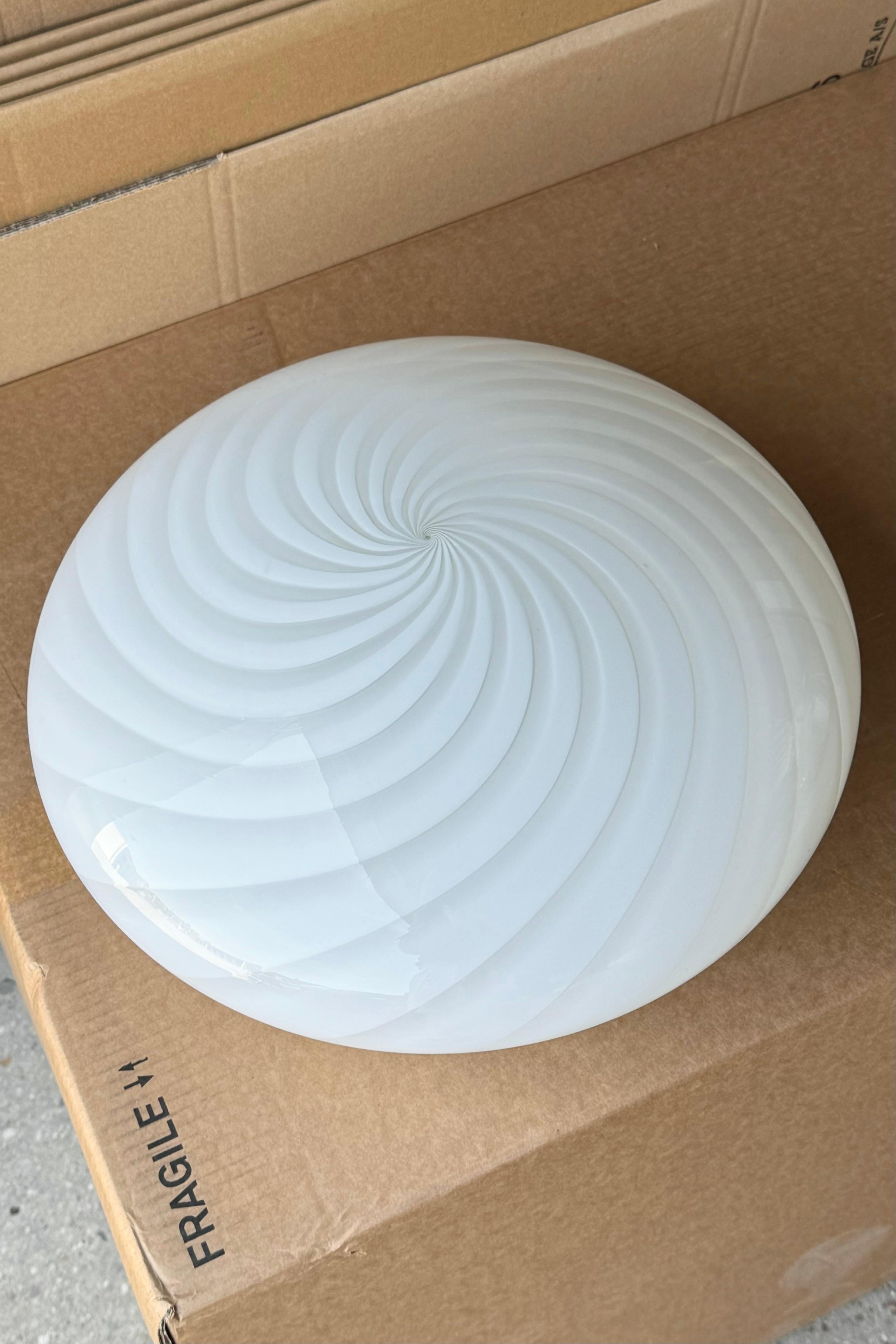Mid-Century Modern Large Vintage Murano Flush Mount Ceiling Lamp White Swirl Glass, Italy 1970s