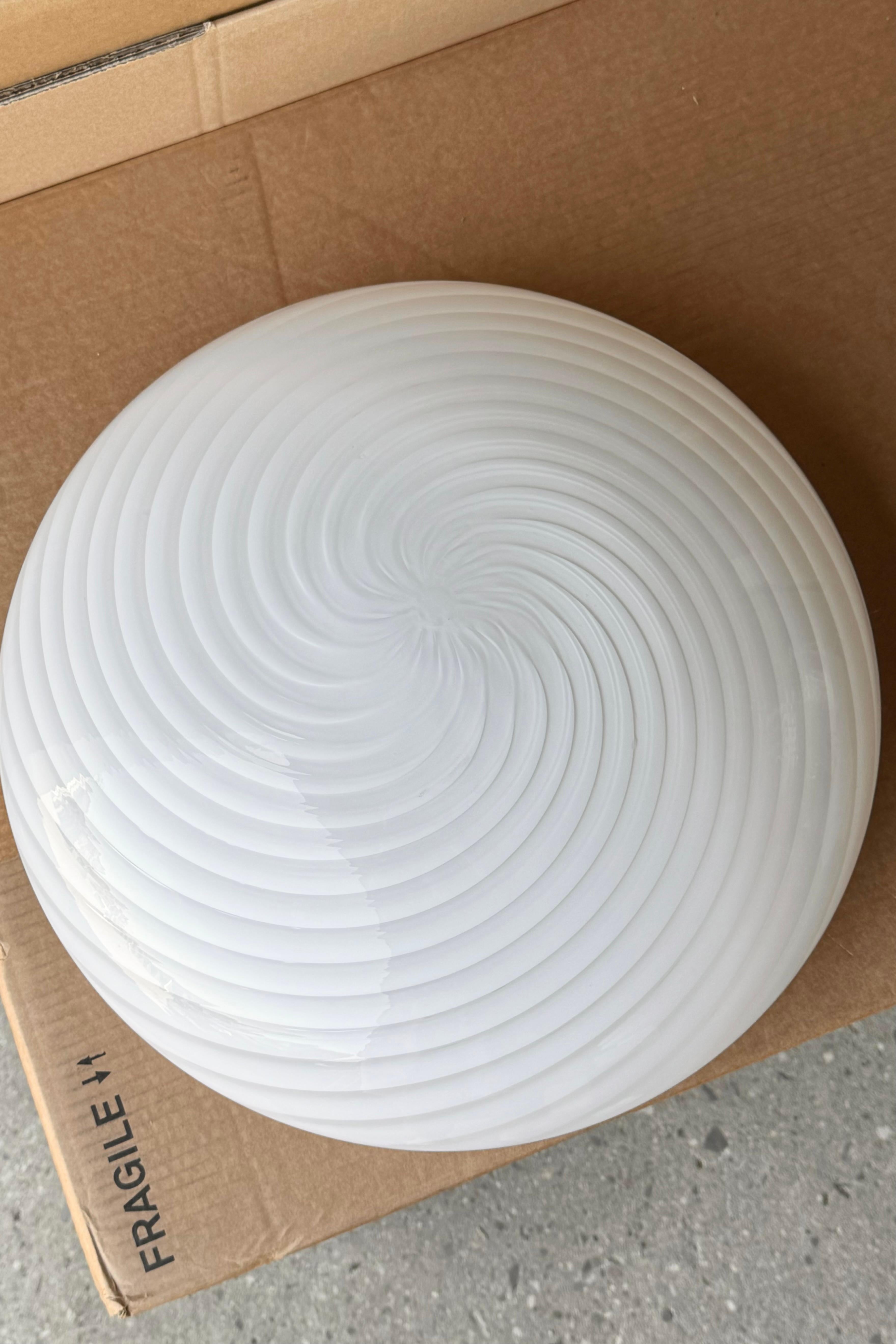 Mid-Century Modern Large Vintage Murano Flush Mount Ceiling Lamp White Swirl Glass, Italy 1970s