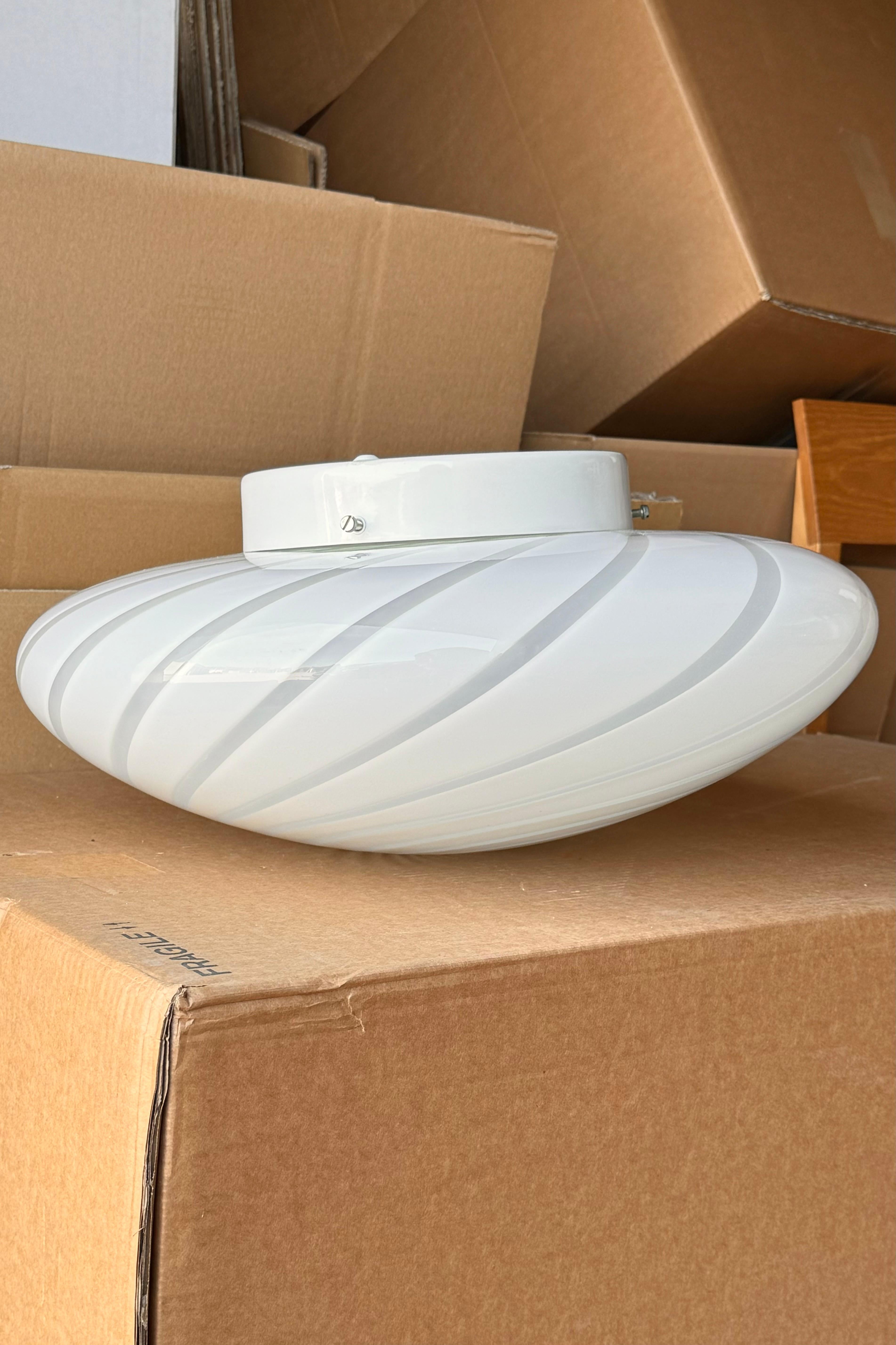 Mid-Century Modern Large Vintage Murano Flush Mount Ceiling Lamp White Swirl Glass, Italy 1970s