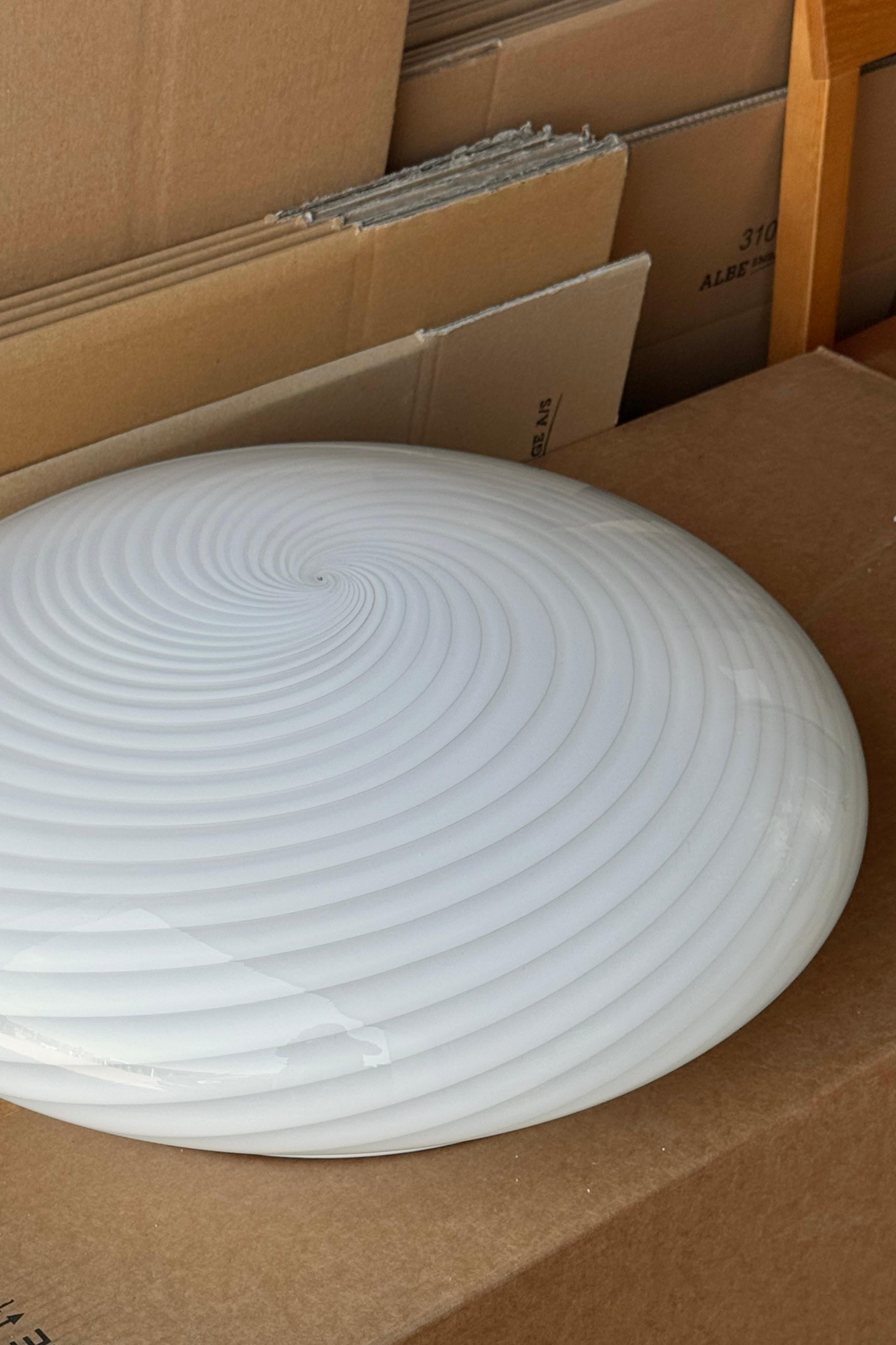 Mid-Century Modern Large Vintage Murano Flush Mount Ceiling Lamp White Swirl Glass, Italy 1970s