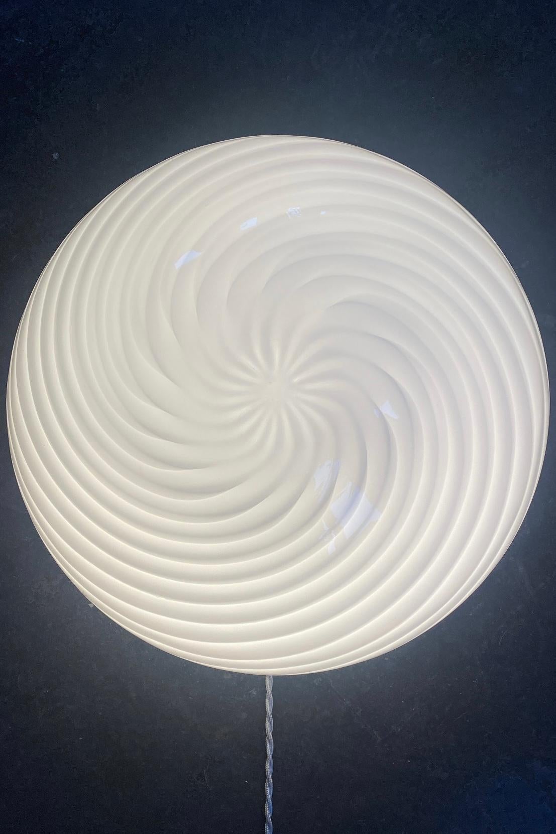 Italian Large Vintage Murano Flush Mount Ceiling Lamp White Swirl Glass, Italy 1970s For Sale