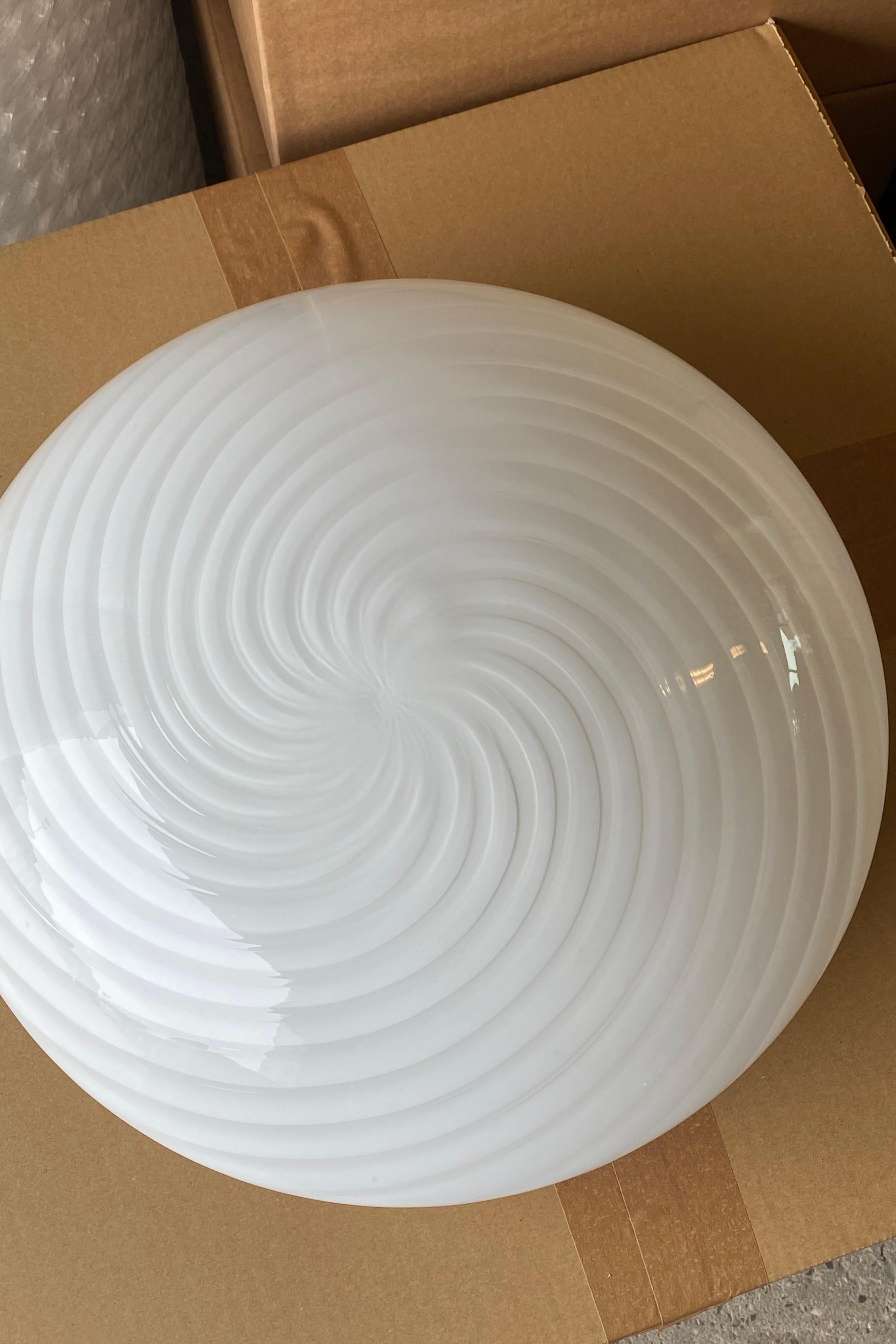 Italian Large Vintage Murano Flush Mount Ceiling Lamp White Swirl Glass, Italy 1970s For Sale