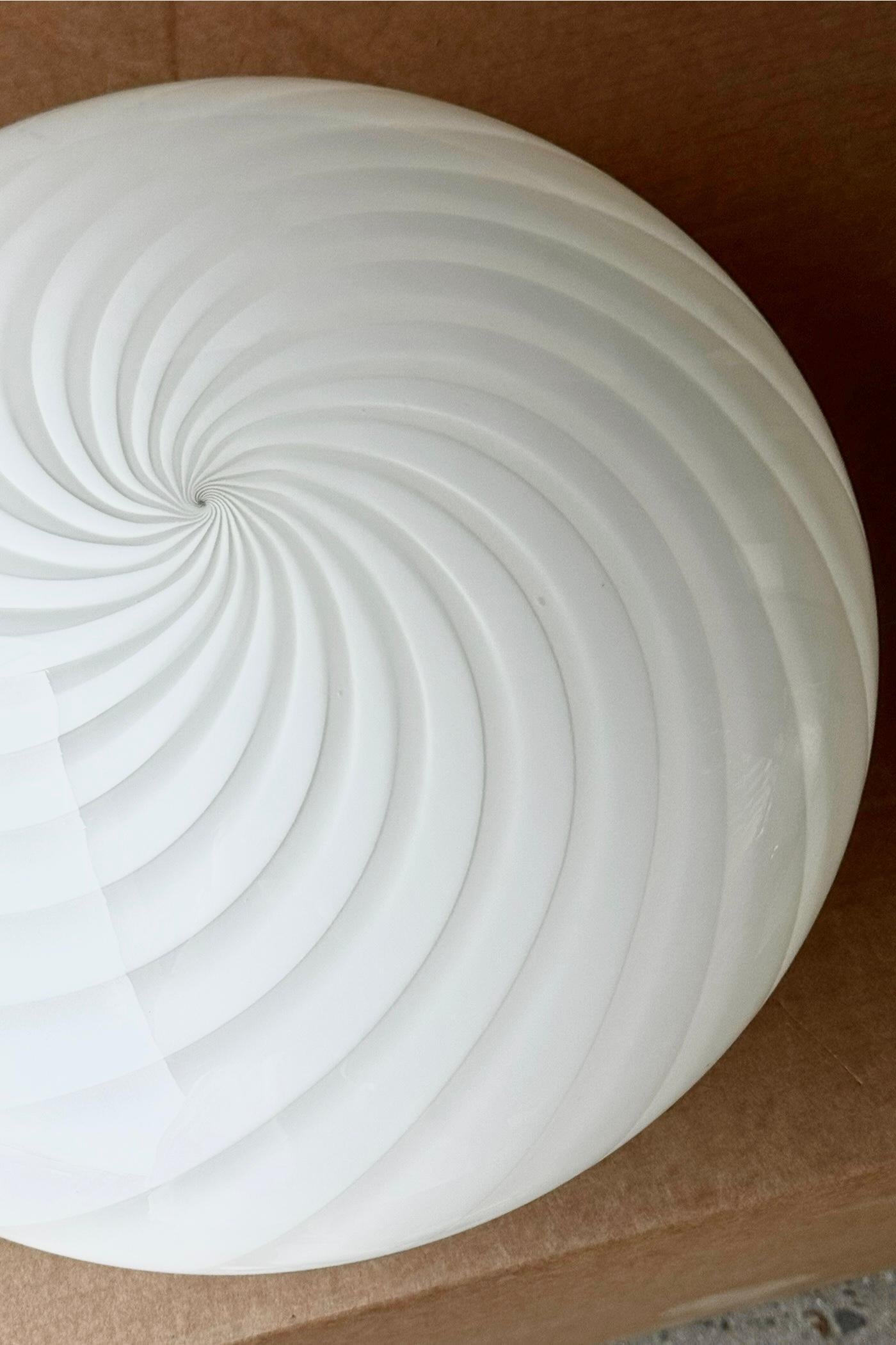 Italian Large Vintage Murano Flush Mount Ceiling Lamp White Swirl Glass, Italy 1970s