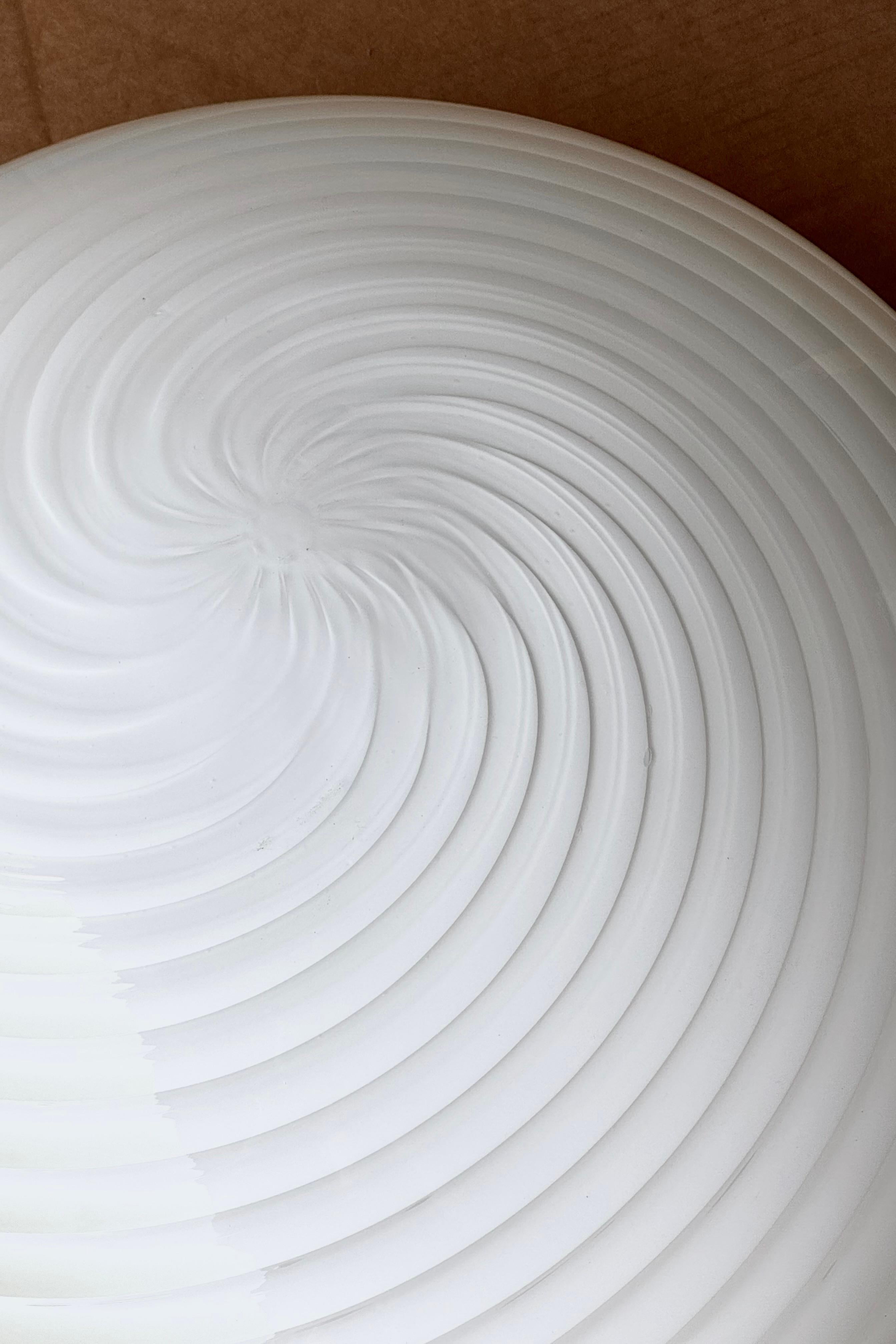 Italian Large Vintage Murano Flush Mount Ceiling Lamp White Swirl Glass, Italy 1970s