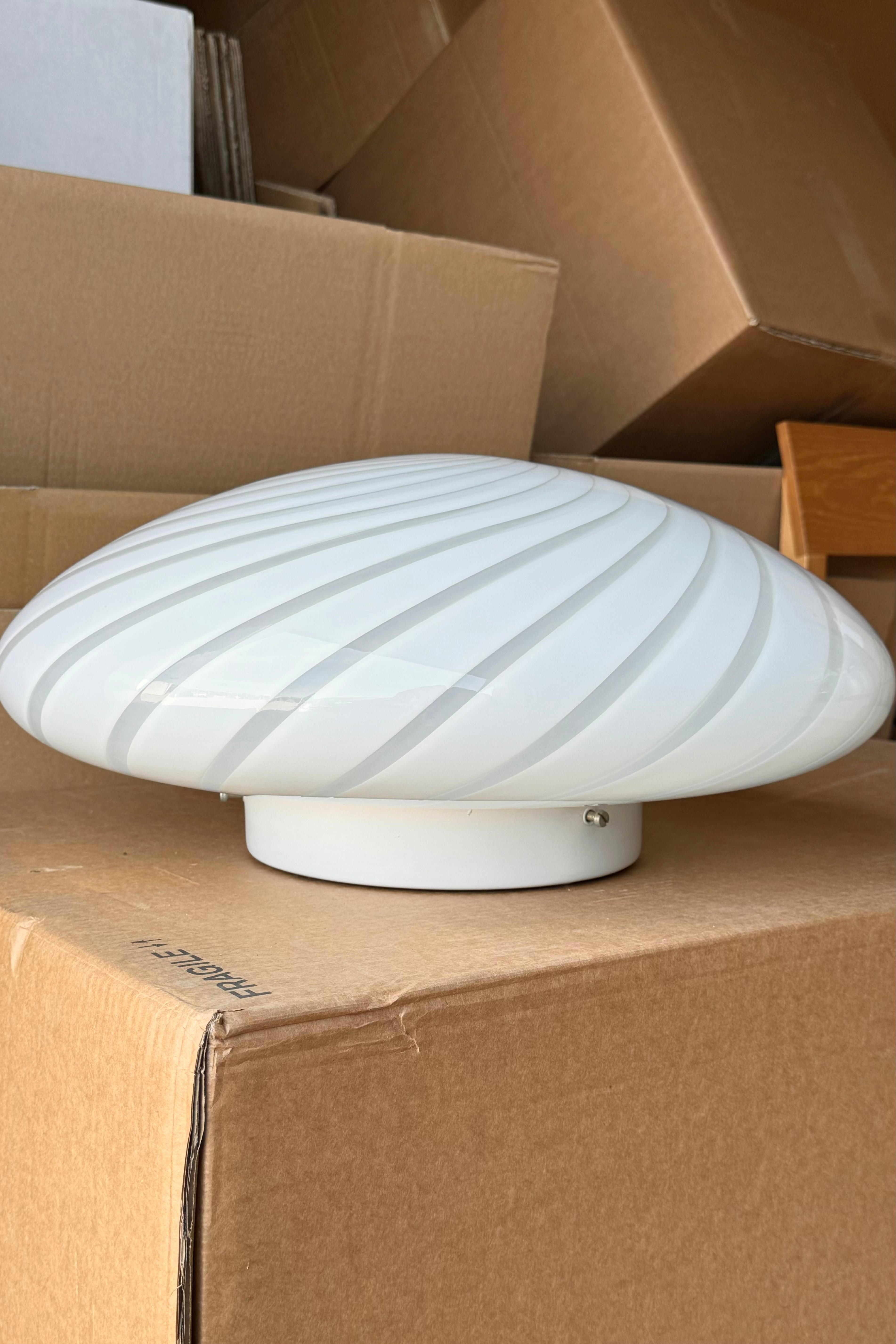 Italian Large Vintage Murano Flush Mount Ceiling Lamp White Swirl Glass, Italy 1970s