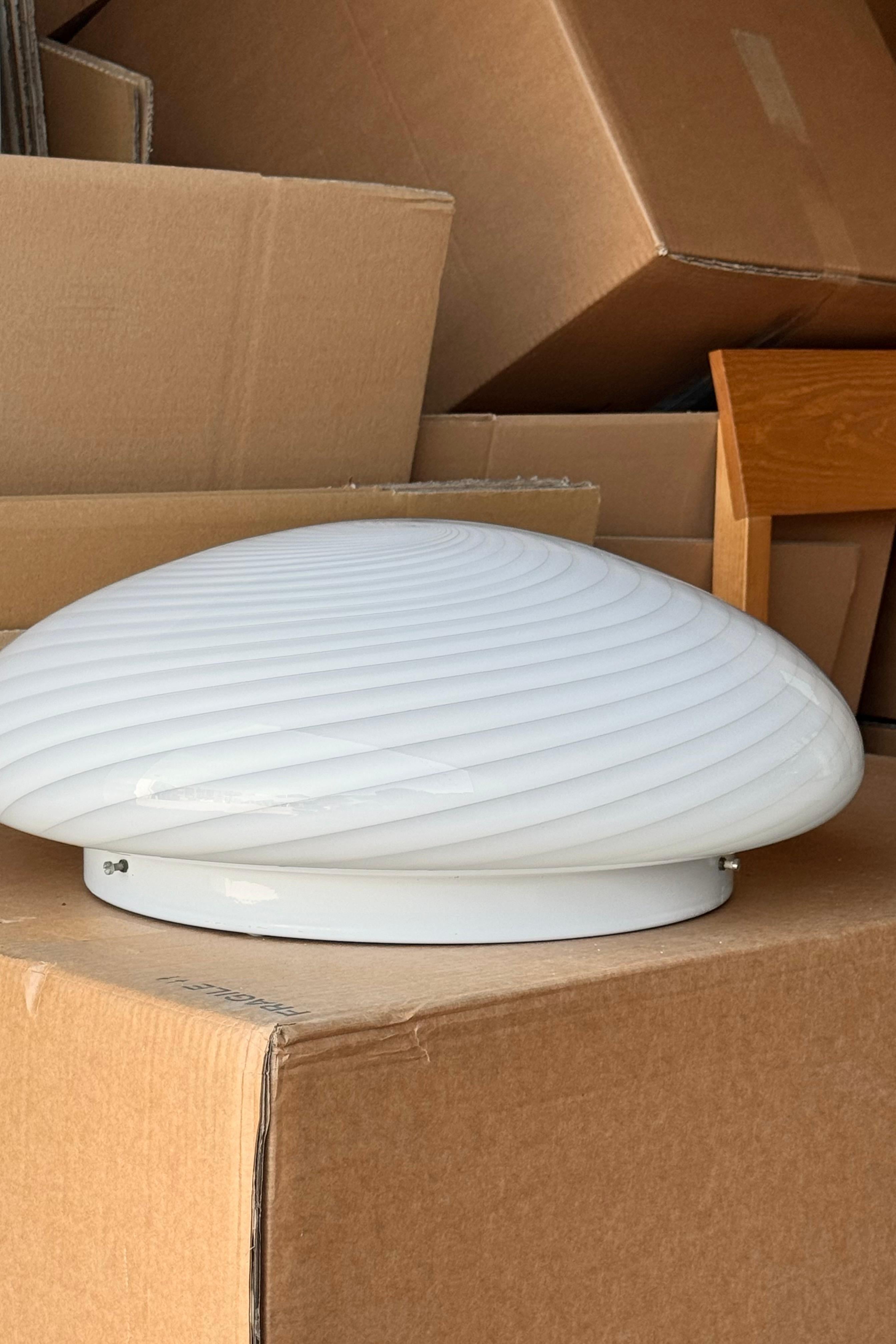 Italian Large Vintage Murano Flush Mount Ceiling Lamp White Swirl Glass, Italy 1970s
