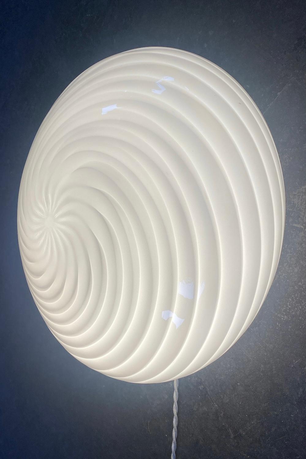 Late 20th Century Large Vintage Murano Flush Mount Ceiling Lamp White Swirl Glass, Italy 1970s For Sale