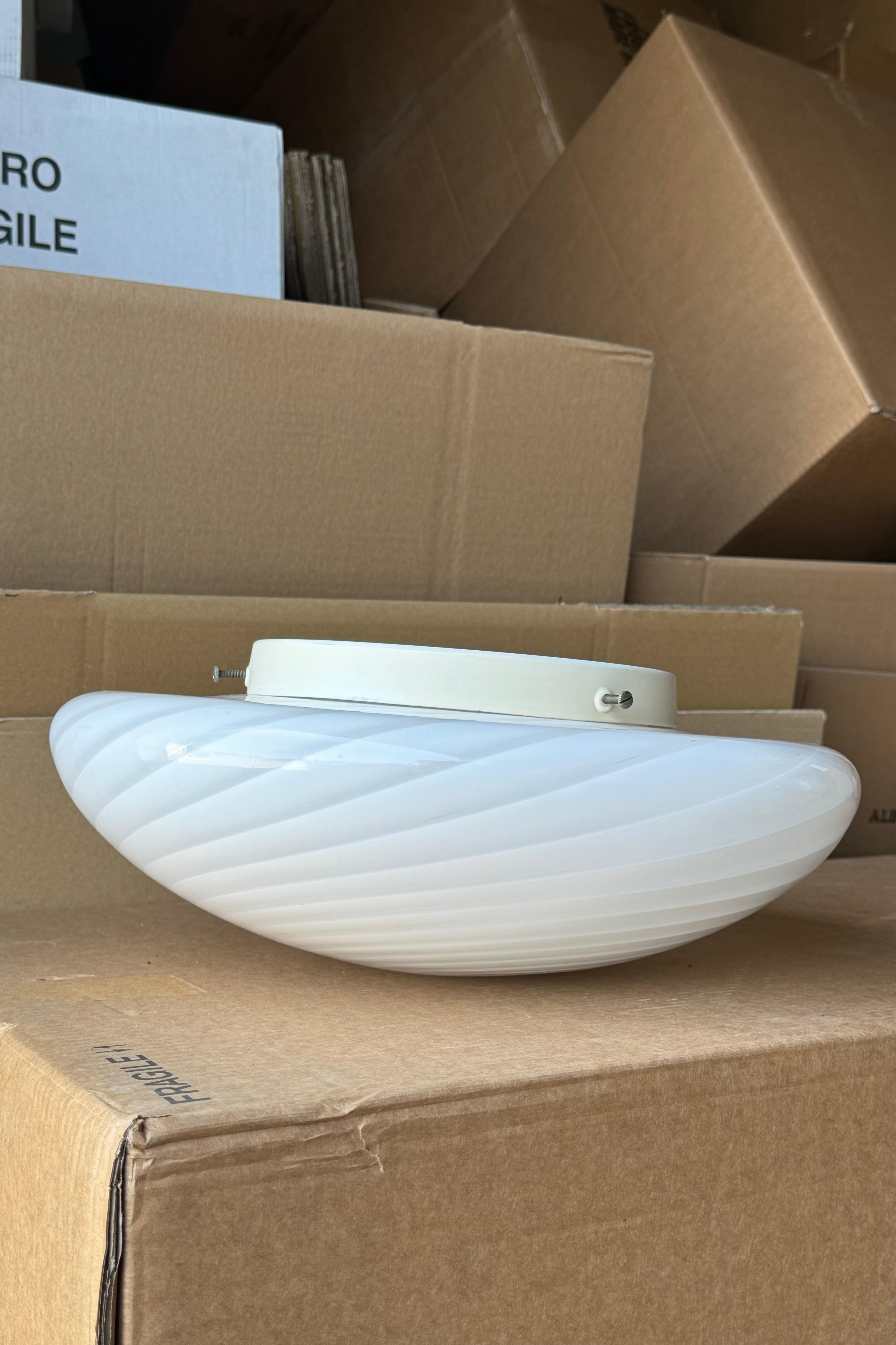 Late 20th Century Large Vintage Murano Flush Mount Ceiling Lamp White Swirl Glass, Italy 1970s