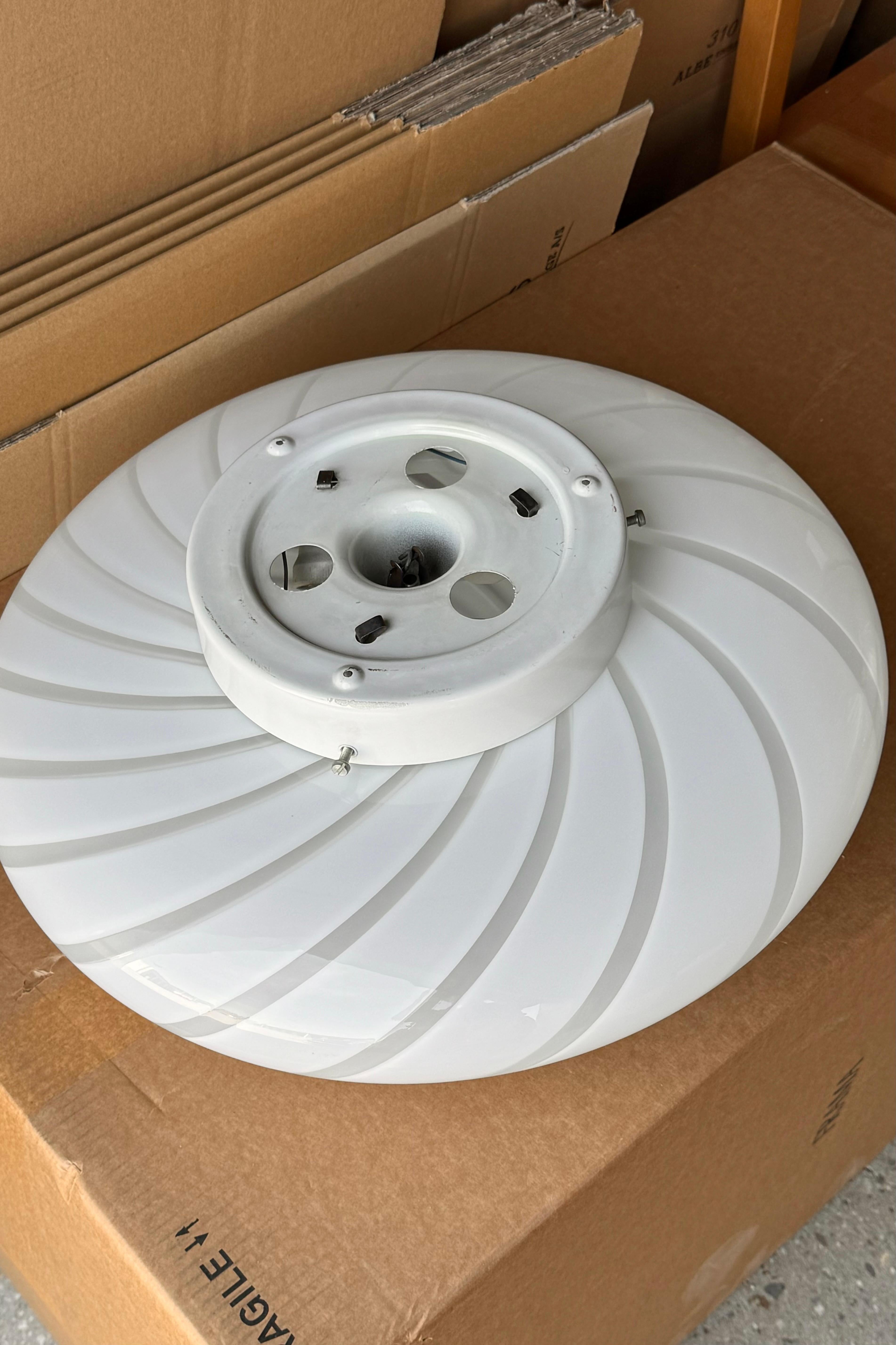 Late 20th Century Large Vintage Murano Flush Mount Ceiling Lamp White Swirl Glass, Italy 1970s