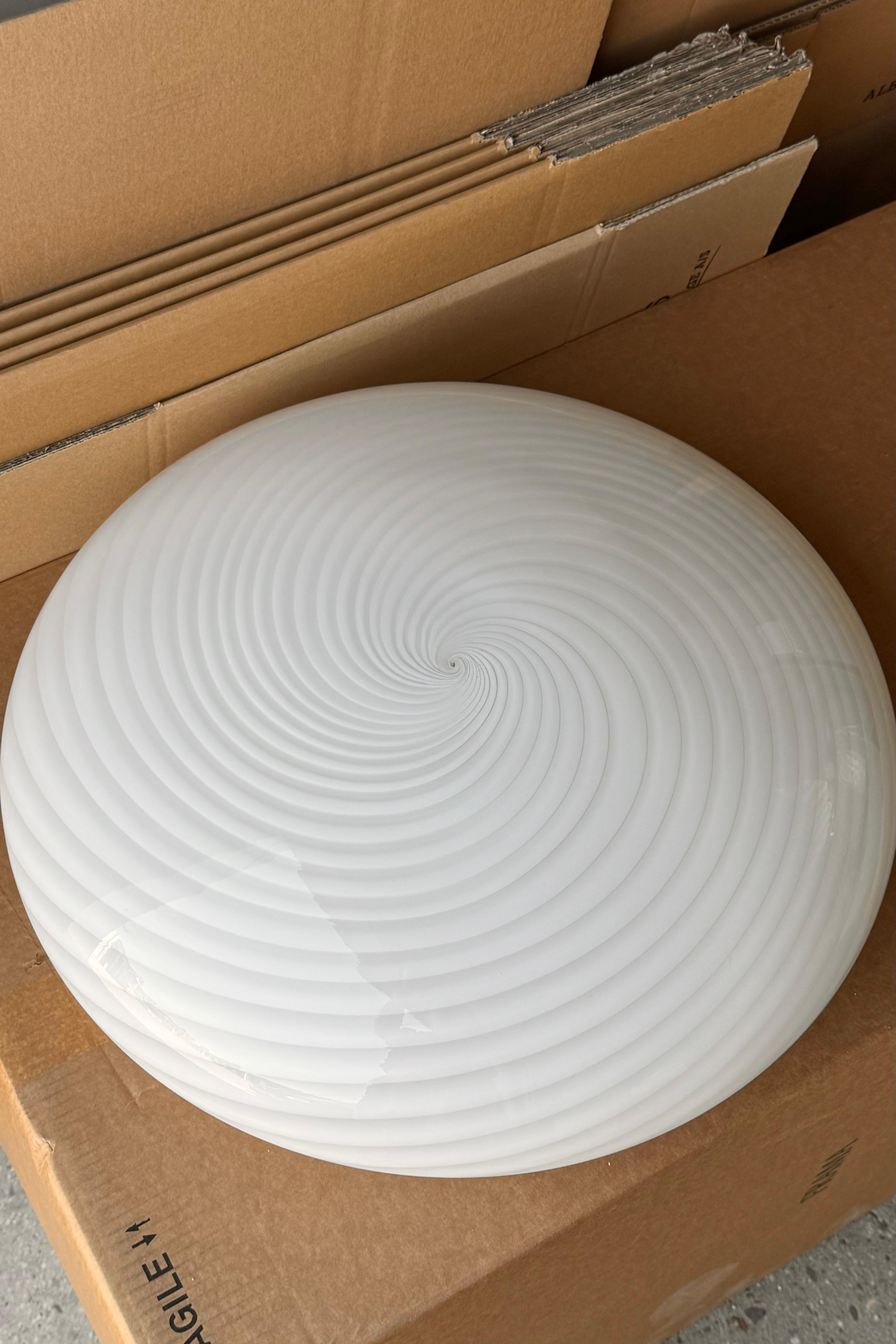 Late 20th Century Large Vintage Murano Flush Mount Ceiling Lamp White Swirl Glass, Italy 1970s
