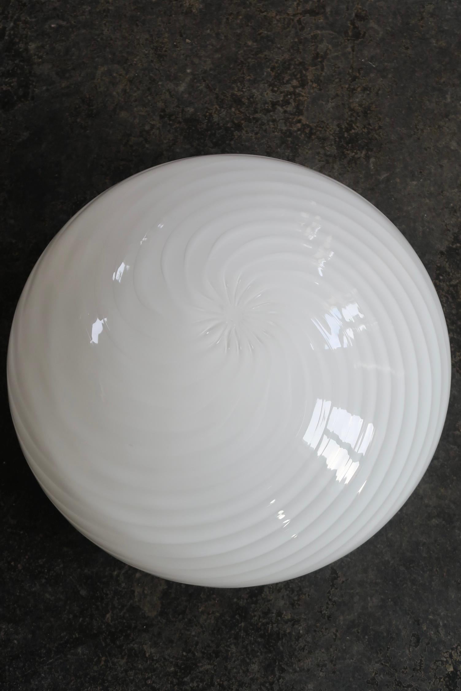 Murano Glass Large Vintage Murano Flush Mount Ceiling Lamp White Swirl Glass, Italy 1970s For Sale