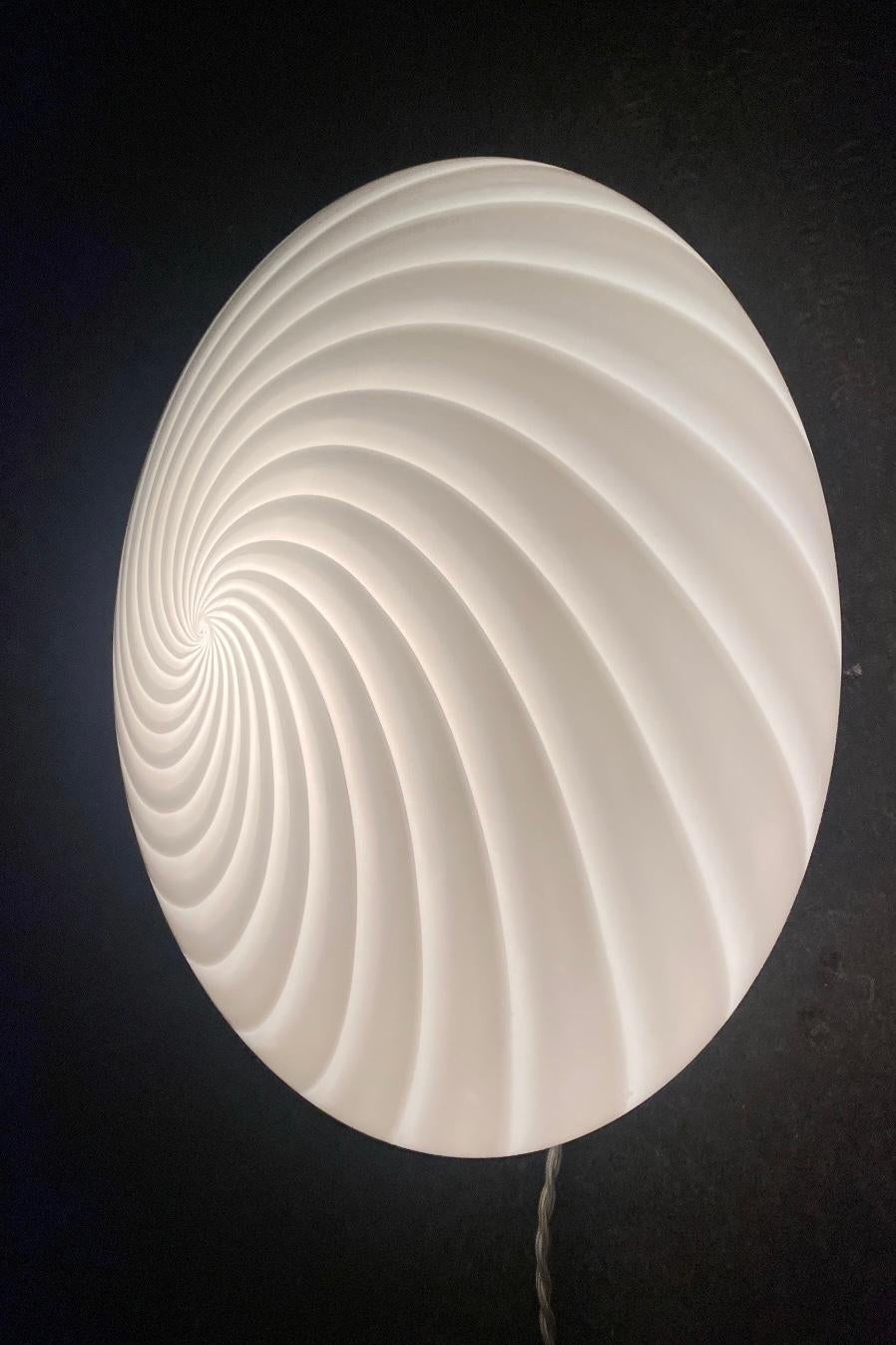 Large Vintage Murano Flush Mount Ceiling Lamp White Swirl Glass, Italy 1970s For Sale 1