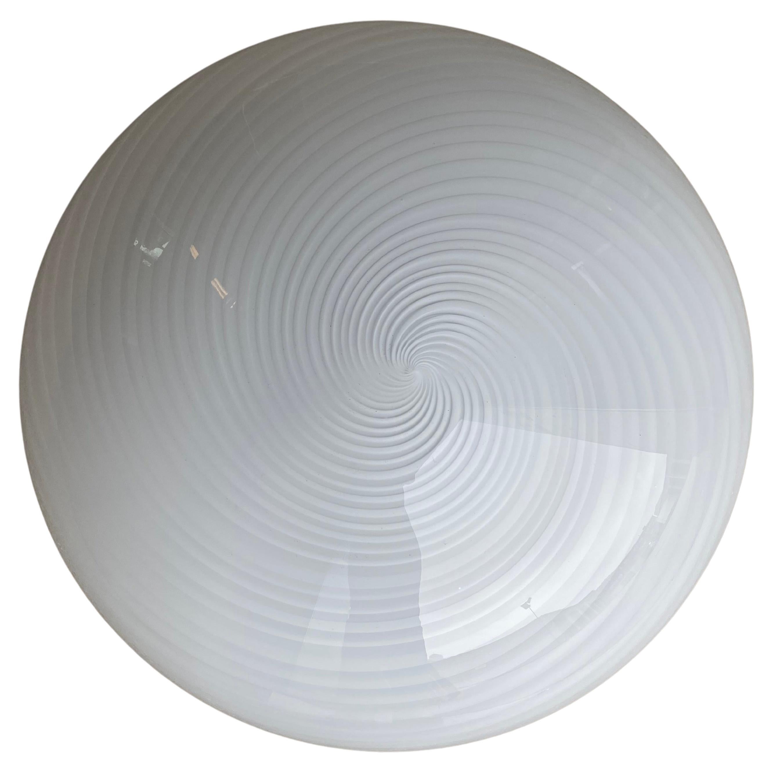 Large Vintage Murano Flush Mount Ceiling Lamp White Swirl Glass, Italy 1970s For Sale