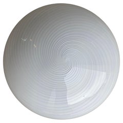 Large Vintage Murano Flush Mount Ceiling Lamp White Swirl Glass, Italy 1970s